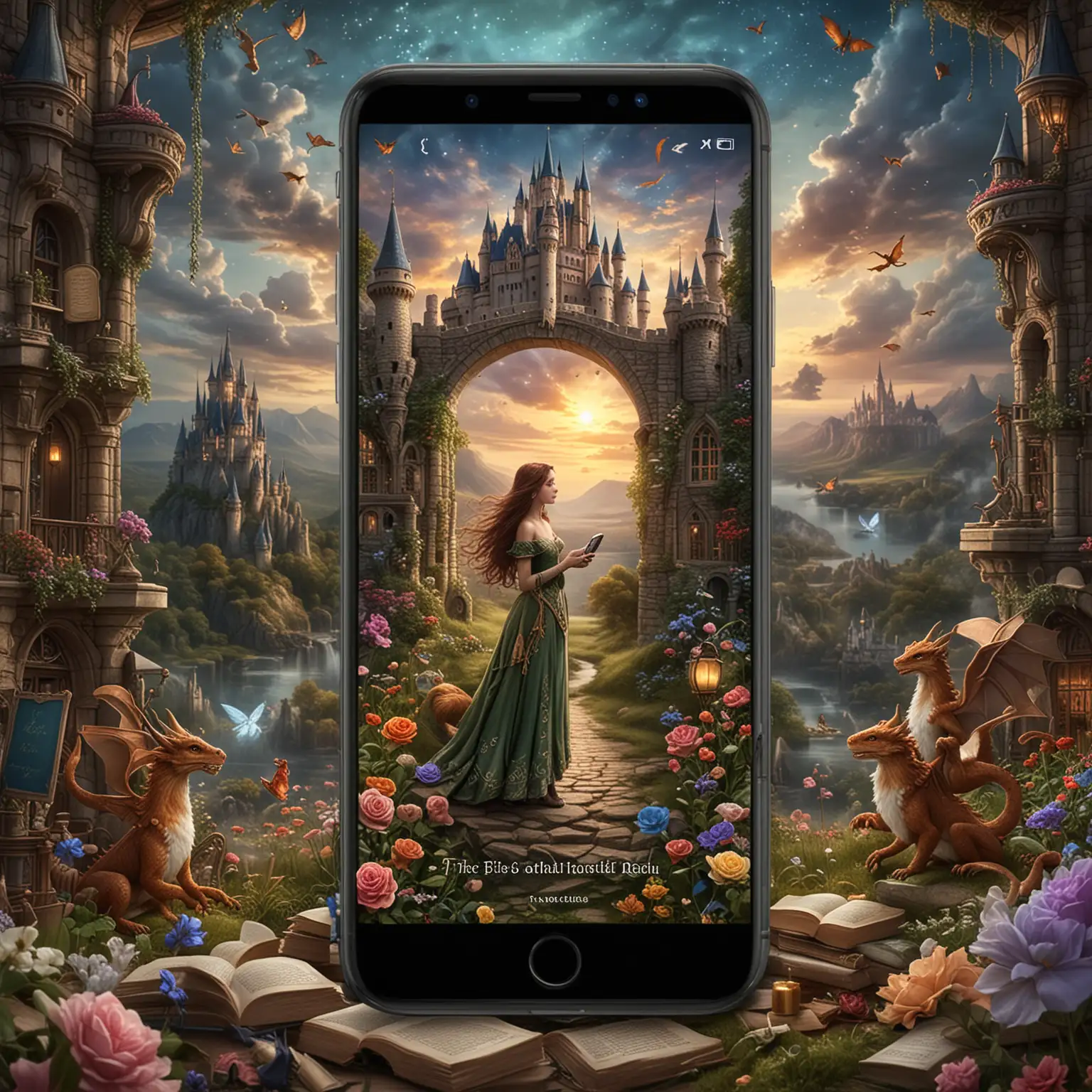 Imagine an image  A beautiful photo of the "Threads" app on your phone. The phone screen displays an image of discovering magical worlds, beautiful magical books from the Victorian era. On the phone is supposed to be only the inscription "Threads," and the phone is surrounded by beautiful magic and fantasy fantasy of the figure of only one beautiful dragon, beautiful only one magical elf and various beautiful magical creatures from myths, legends, fairy tales. In the background a magical beautiful castle. The magic of fantasy.
