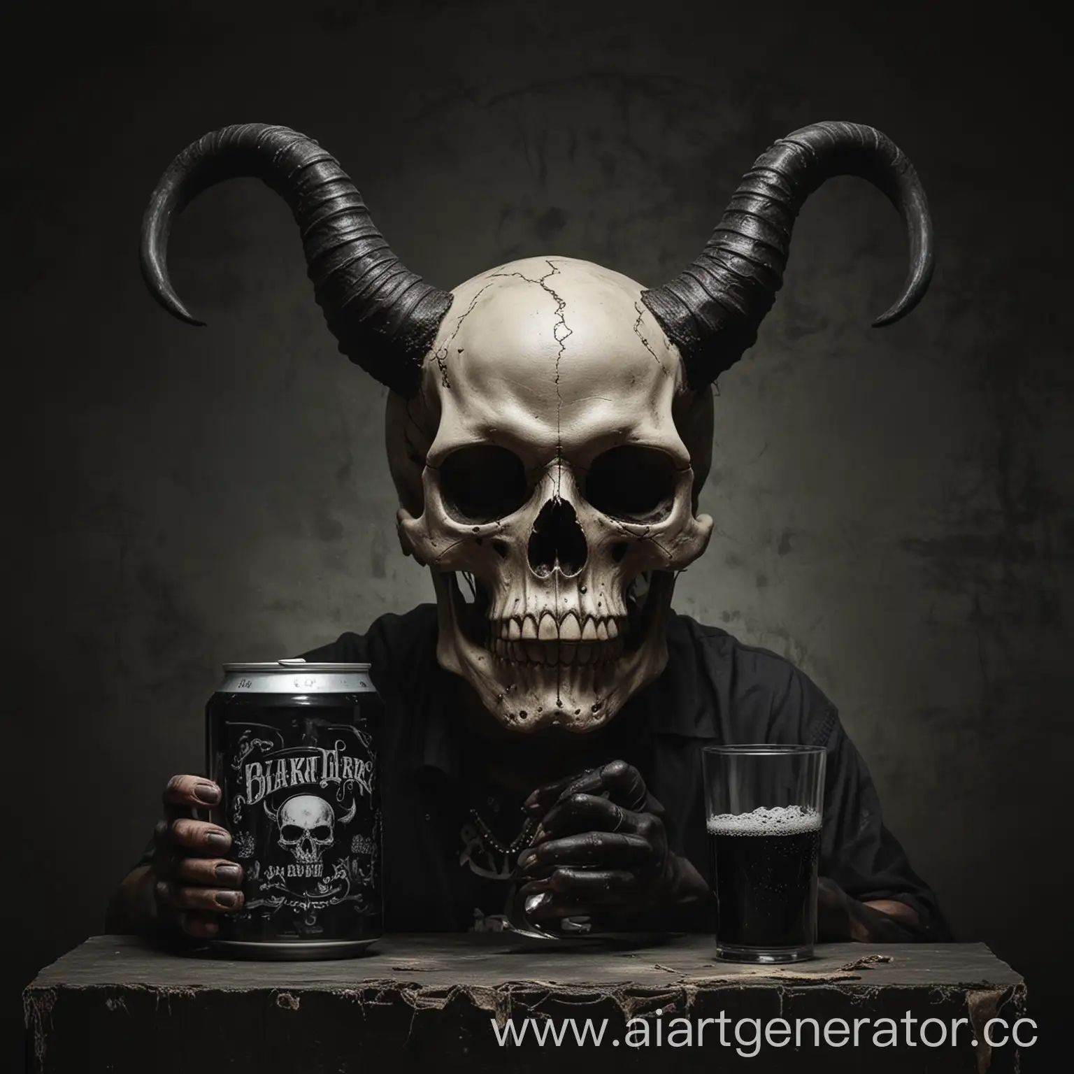 череп с рогами,черное мрачный фон,в руках баночка пива черного цвета