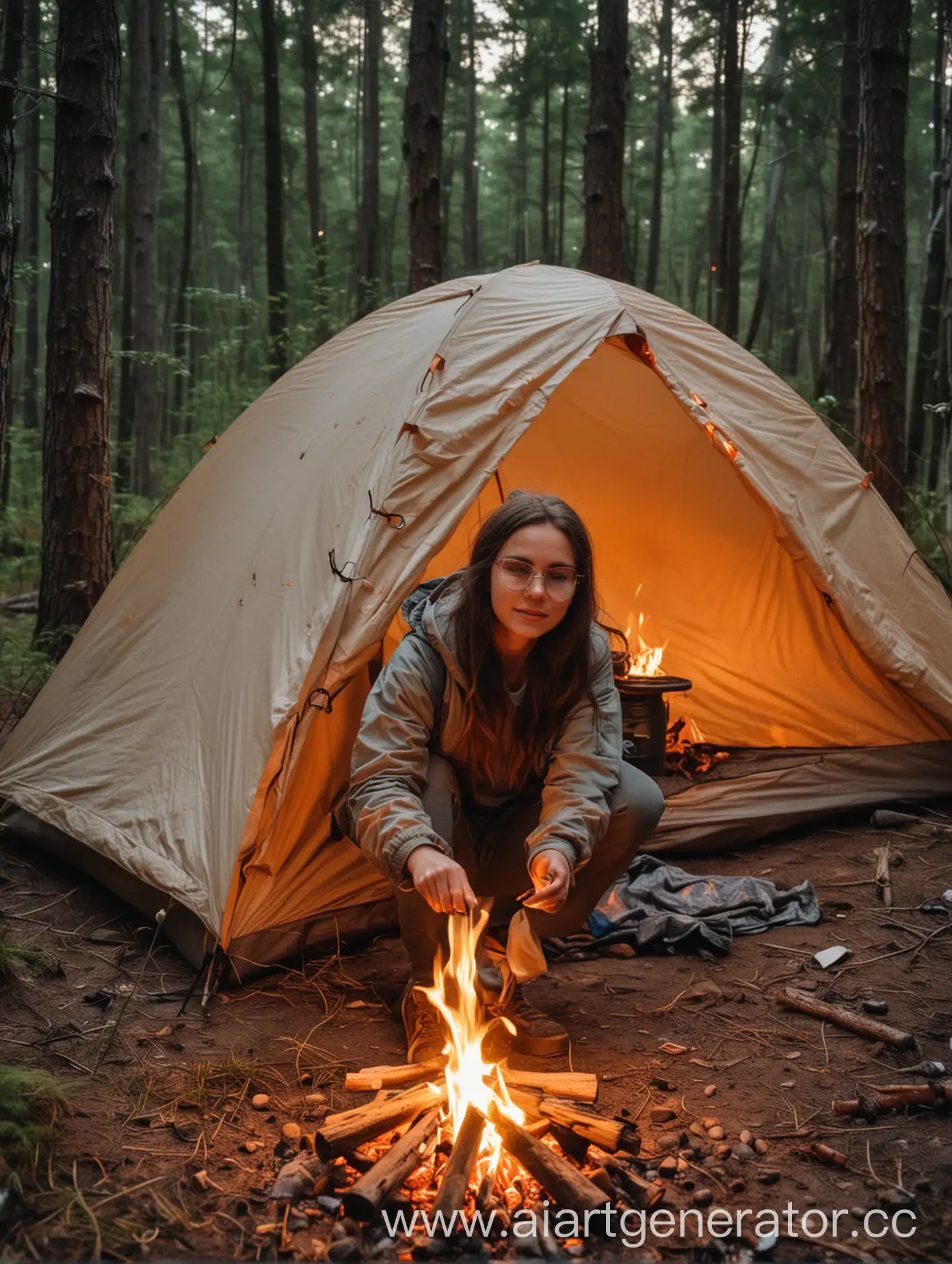 Girl-Hiking-with-Tent-and-Campfire-at-Dusk-to-Repel-Mosquitoes