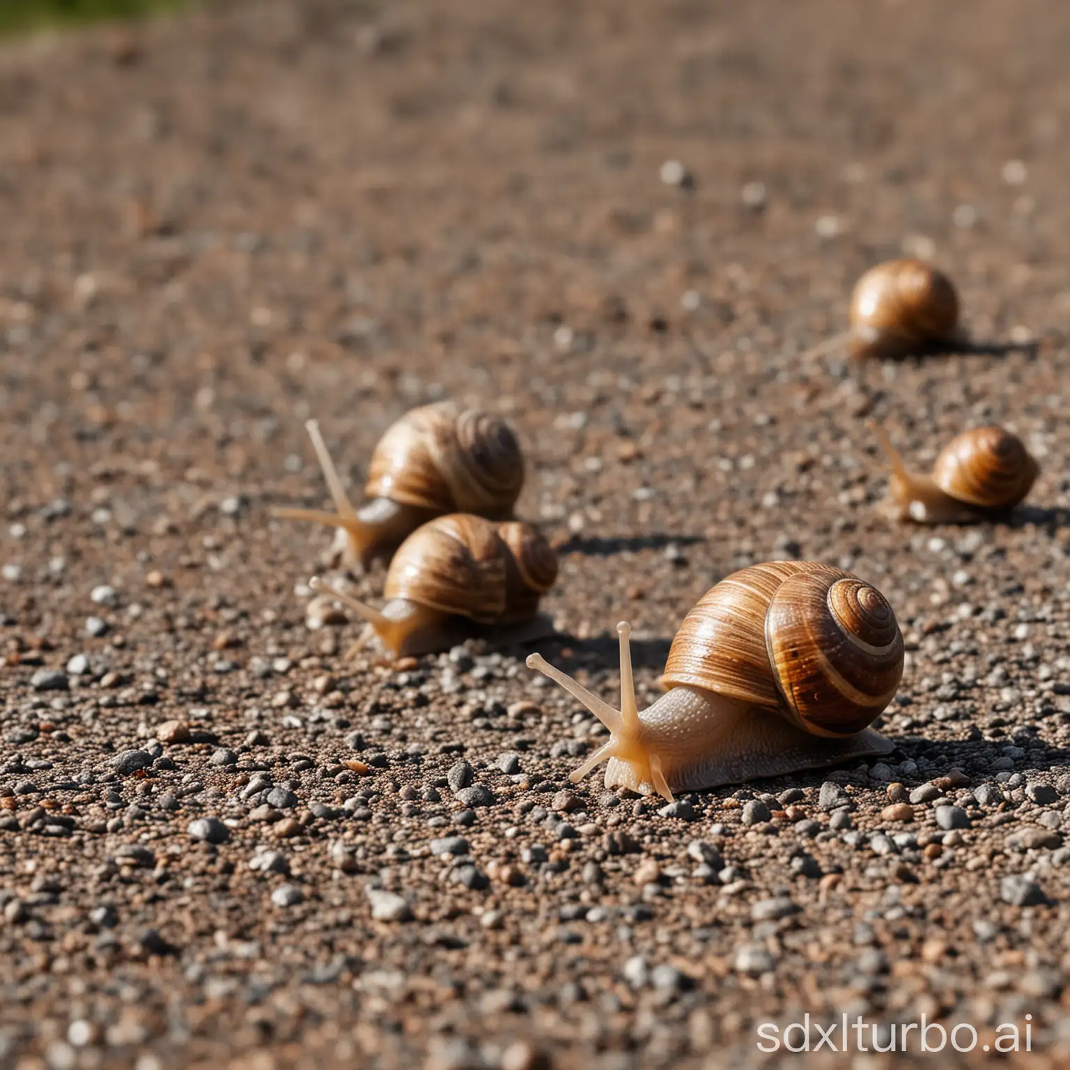 Snail army chasing ,shot from the front