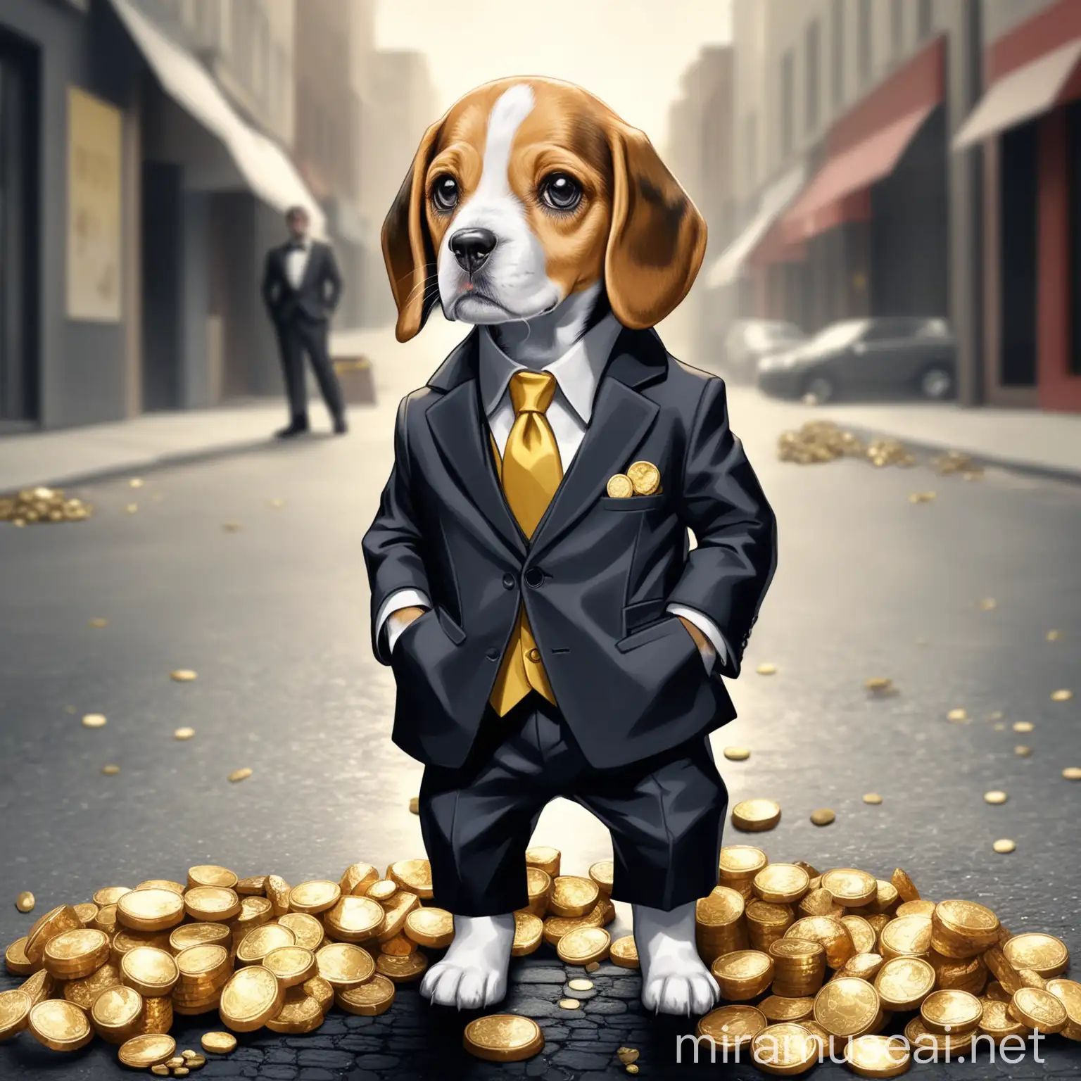 Adorable Beagle Puppy in Dapper Suit Collecting Gold Coins and Nuggets in City Streets
