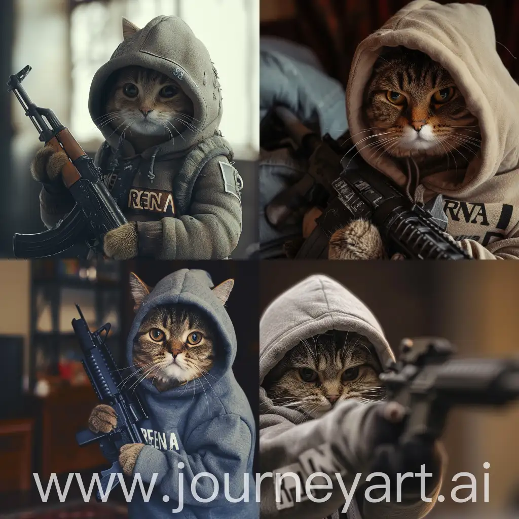 Kucing lucu mengenakan hoodie bertuliskan RENA. Kucing itu memegang senjata Ak47. Foto asli. Boleh. 8K HD. 