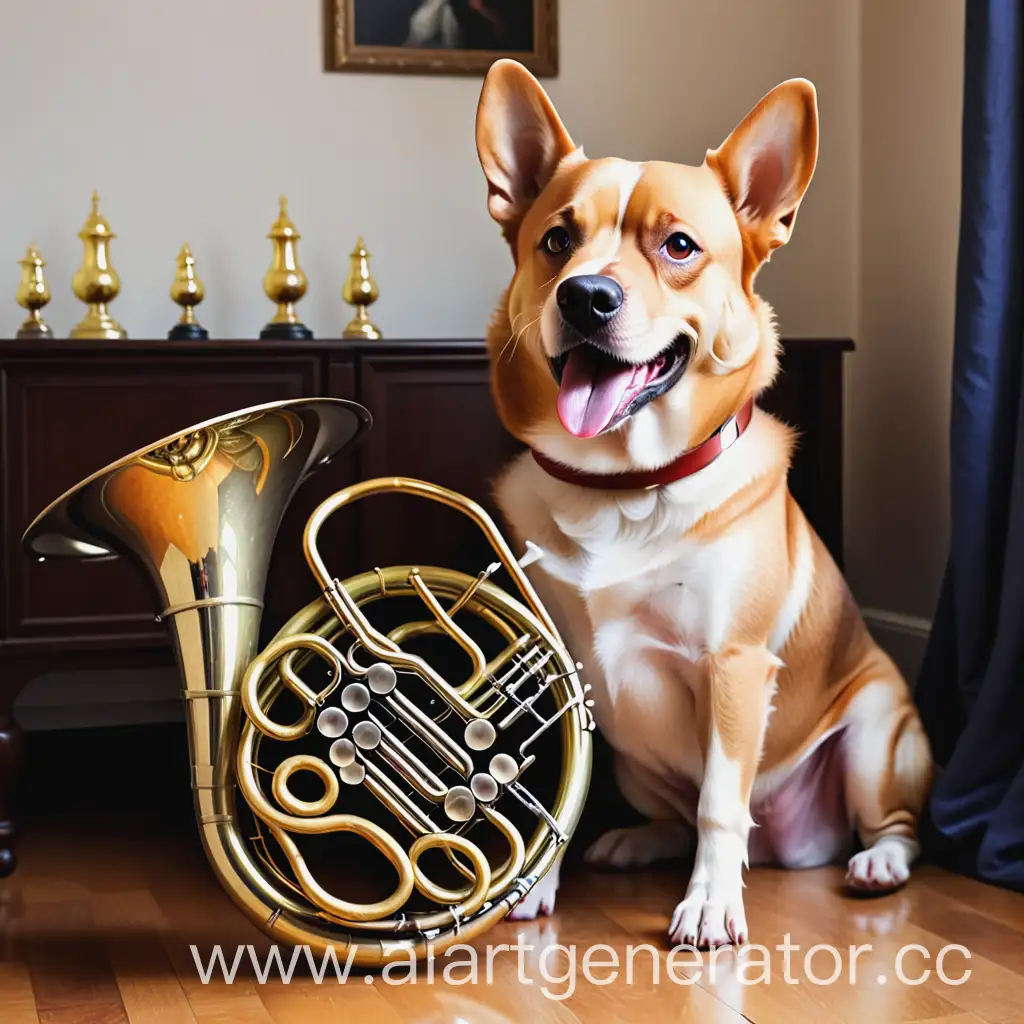 Playful-Dog-Performing-with-French-Horn