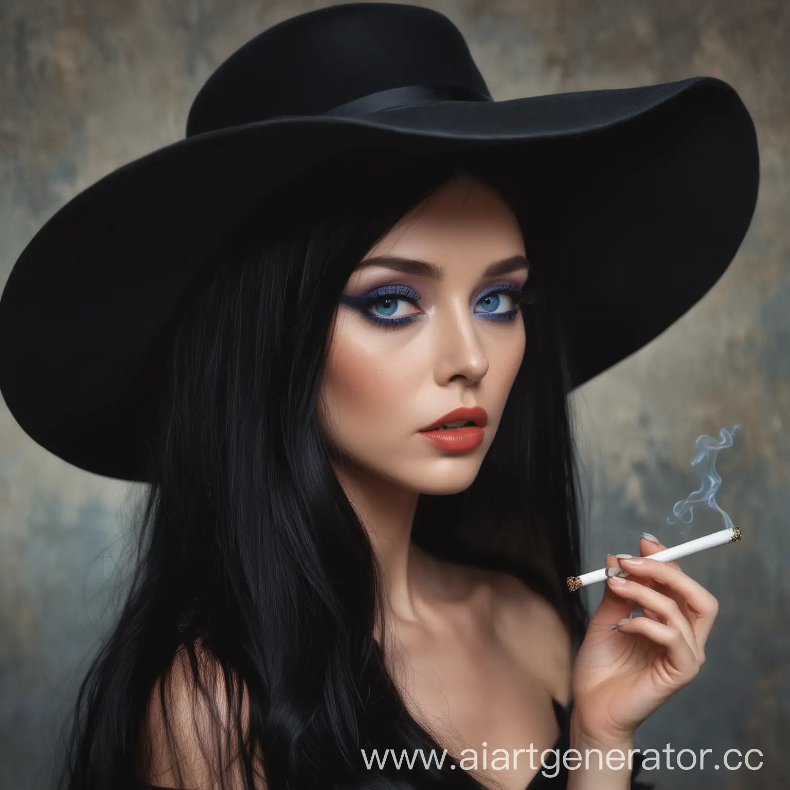 Женщина, в чёрном вечернем платье, с длинными чёрными волосами, яркими голубыми глазами, большой чёрной шляпой на голове, с сигаретой в зубах