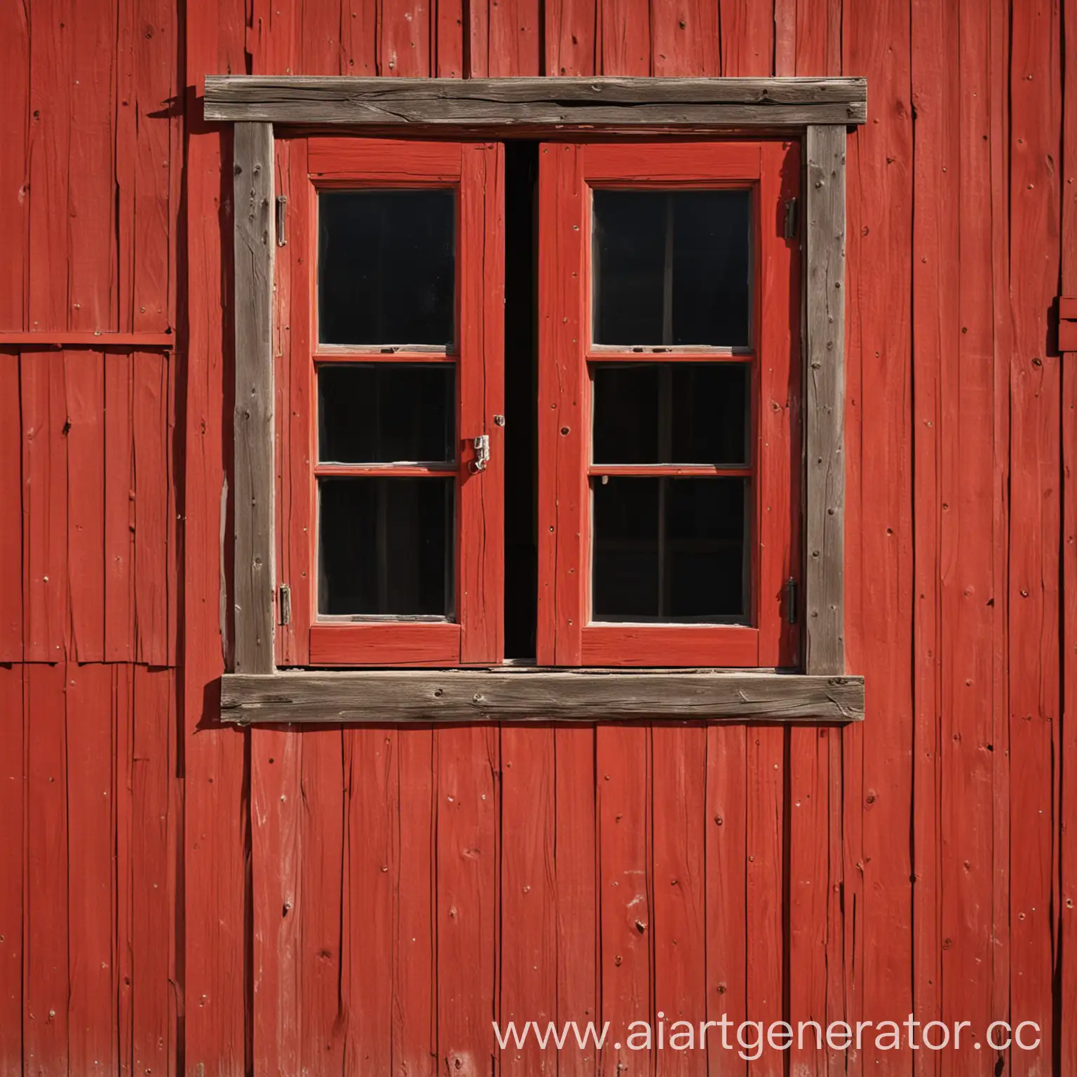 Стена красного амбара с широким деревянным окном вид сбоку