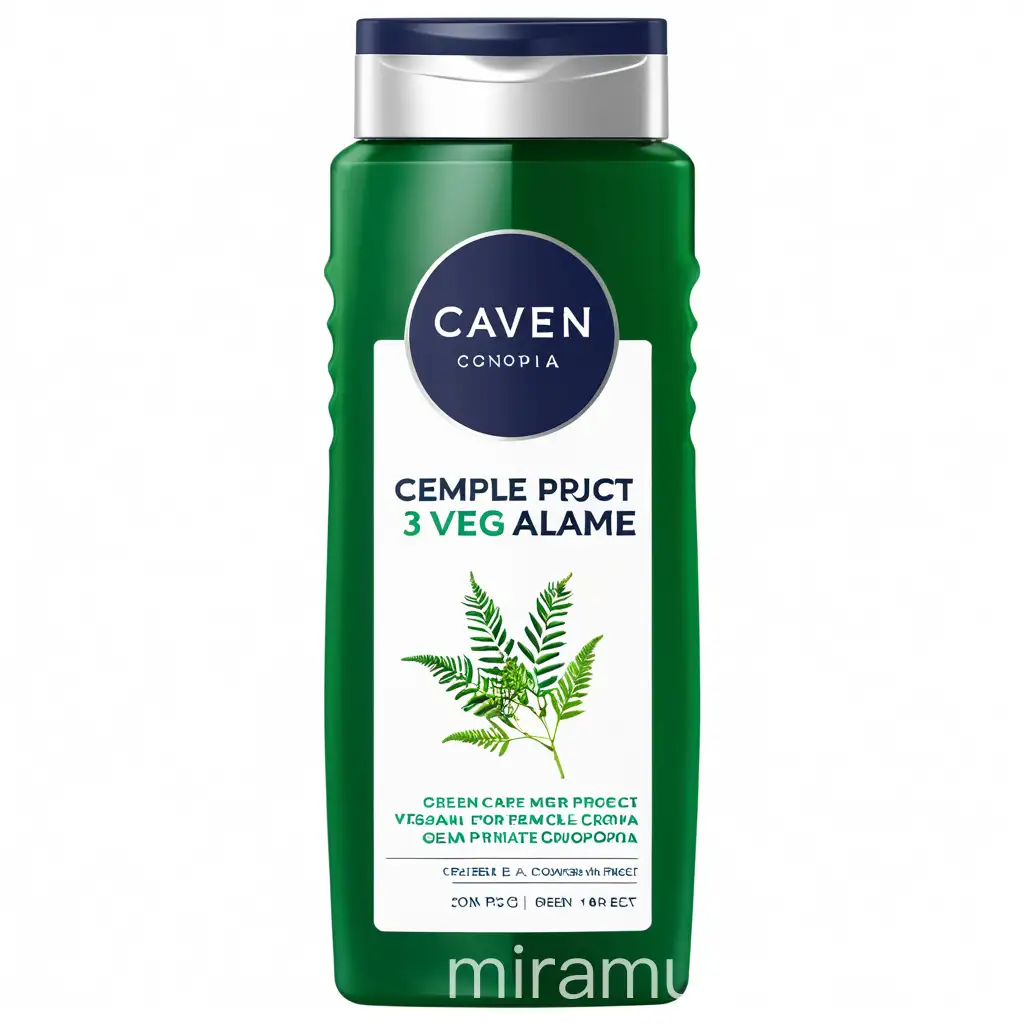 Create a mockups of shower gel for 3in1 for MEN CARE, use vegan claims, create a packshoot with green label create a simple project for private label, create a version with conopia 