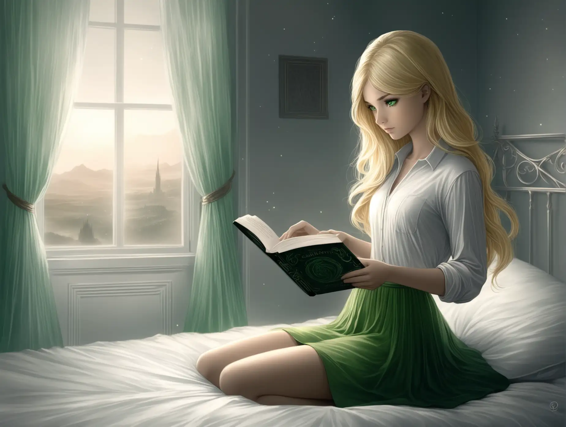 Взрослая Девушка блондинка 20, средние-длинные волосы, зелеными глазами, в белой рубашке, зеленой юбке, новеллы, стоит в сексуальной позе, читает книгу на постели, Темное Фэнтэзи, аниме, Charlie Bowater, пастель, дальний вид