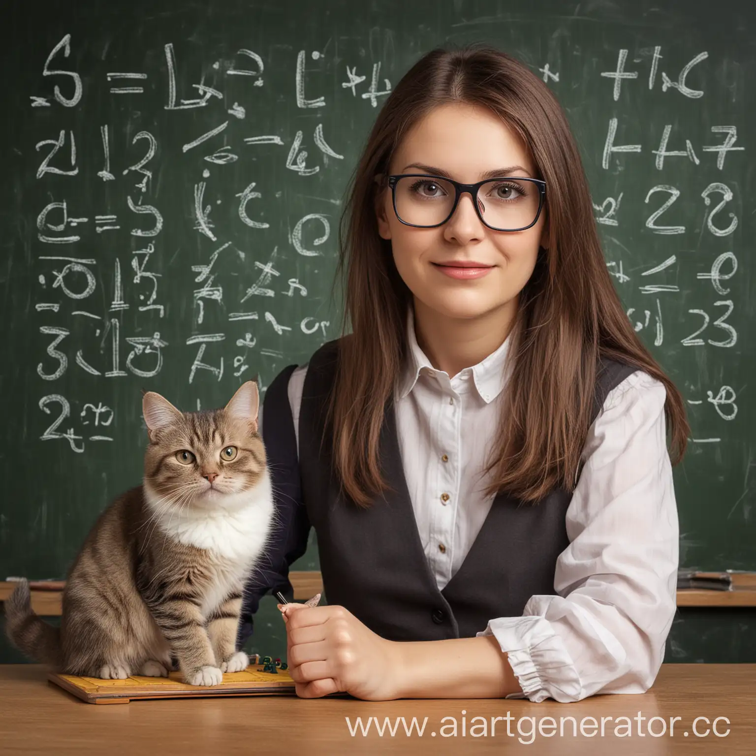учитель женщина и кот, на фоне доски, математика