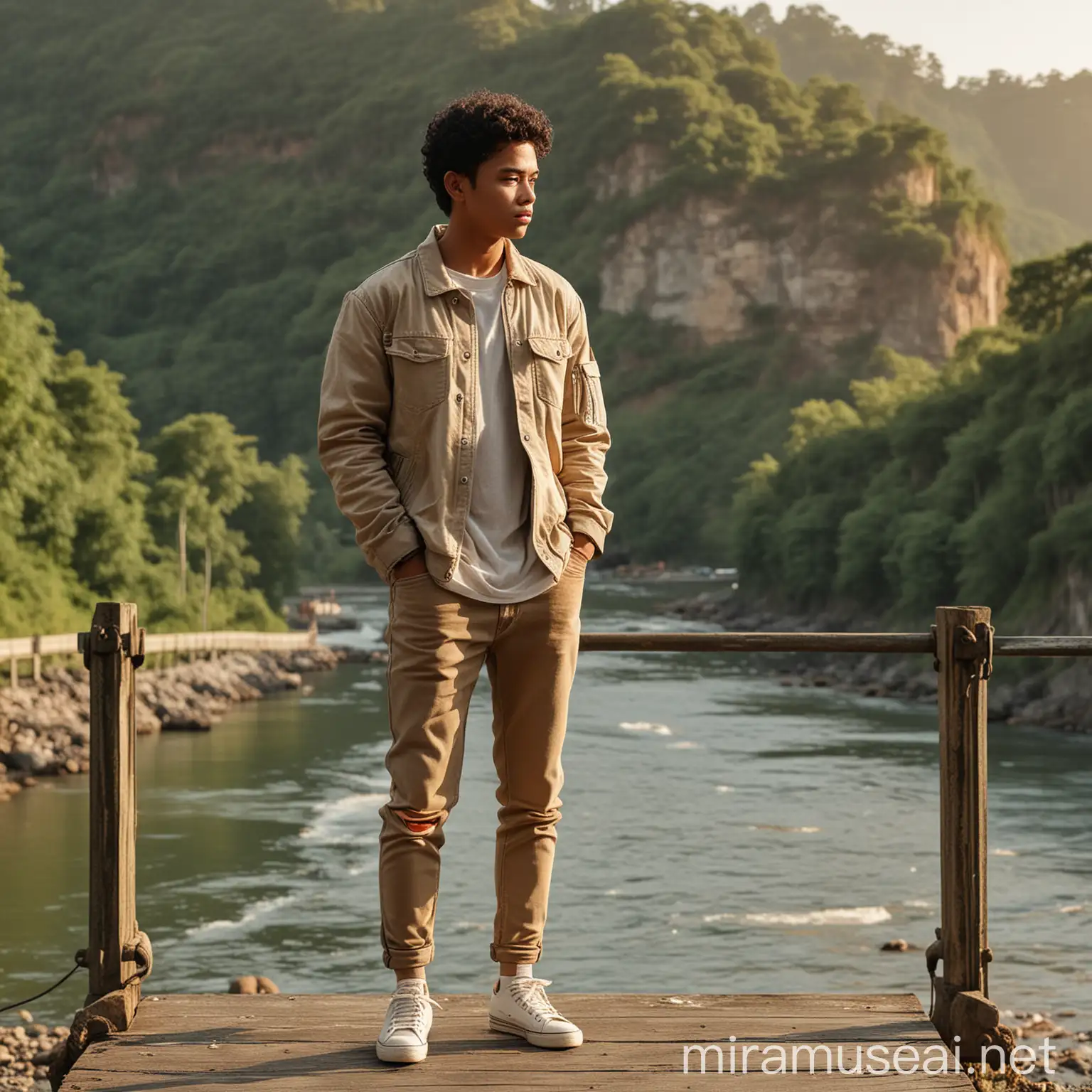 HD 16k realistic portrait from a distance of a slim Indonesian man about 18 years old with short black curly hair wearing a light brown zippered jacket, beige jeans and sneakers, standing on the old bridge over the river in the afternoon, leaning on the bridge pillar, with a beautiful and cool backdrop of green hills, in a raw style. Add details like a soft sunset with warmer lighting to enhance the mood. Make men's poses more dynamic.