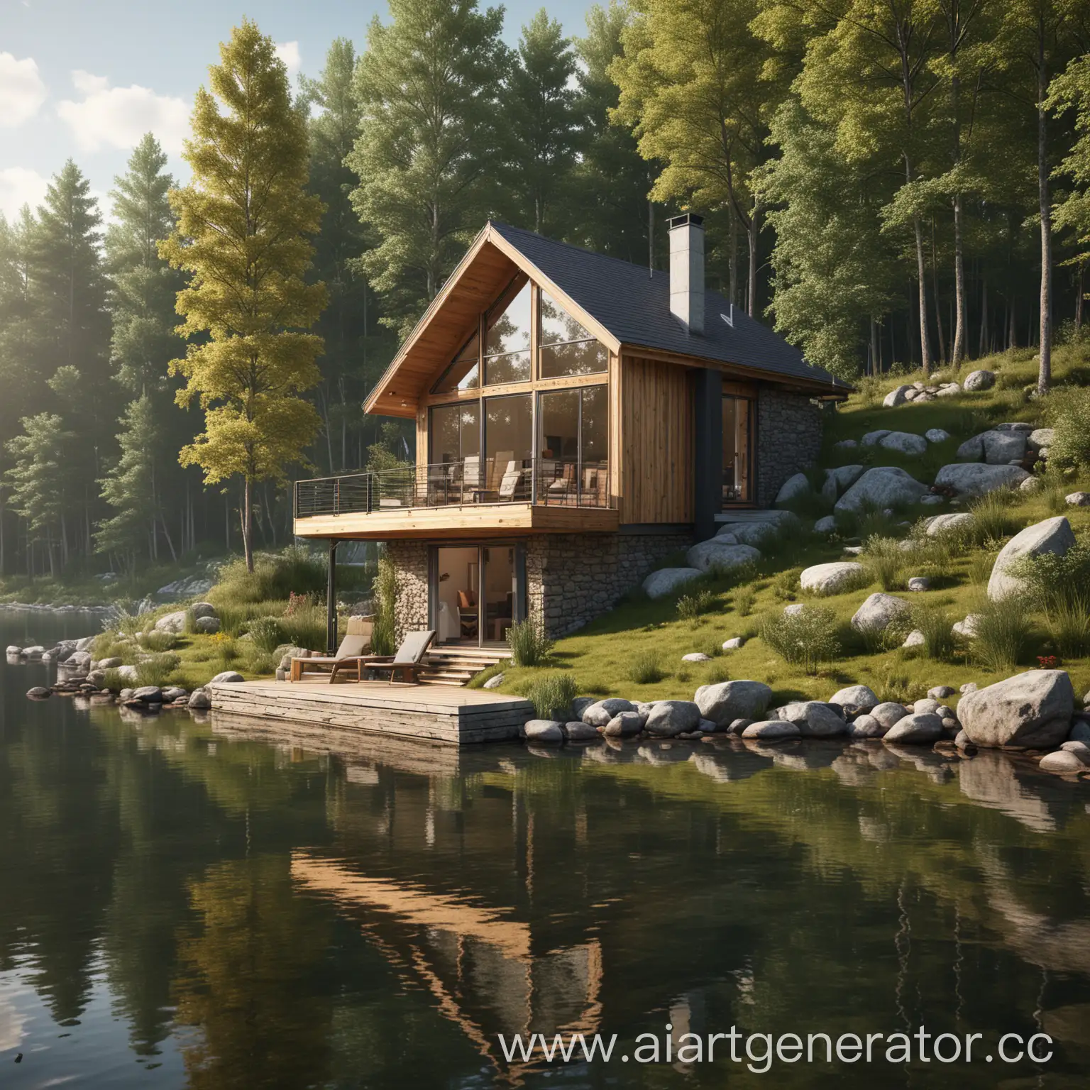 создай реалистичное фото современного маленького домика-шале , полностью интегрированного в природную среду , расположенного около озера,  высокое качество
