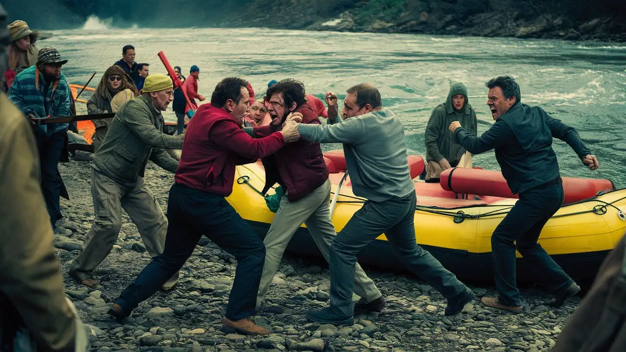 Some people are beating each other near the rafting boat on the river bank