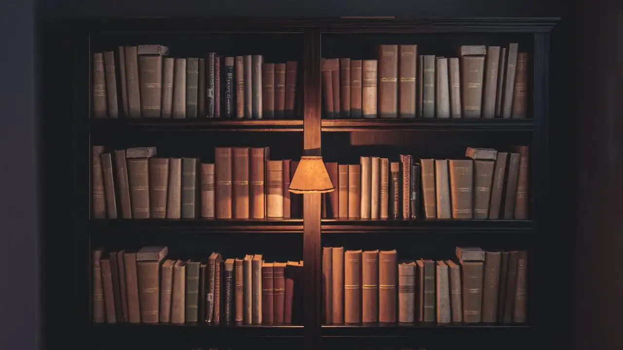 Generate and image of books in a dark wood shelf. The image should not be too detailed