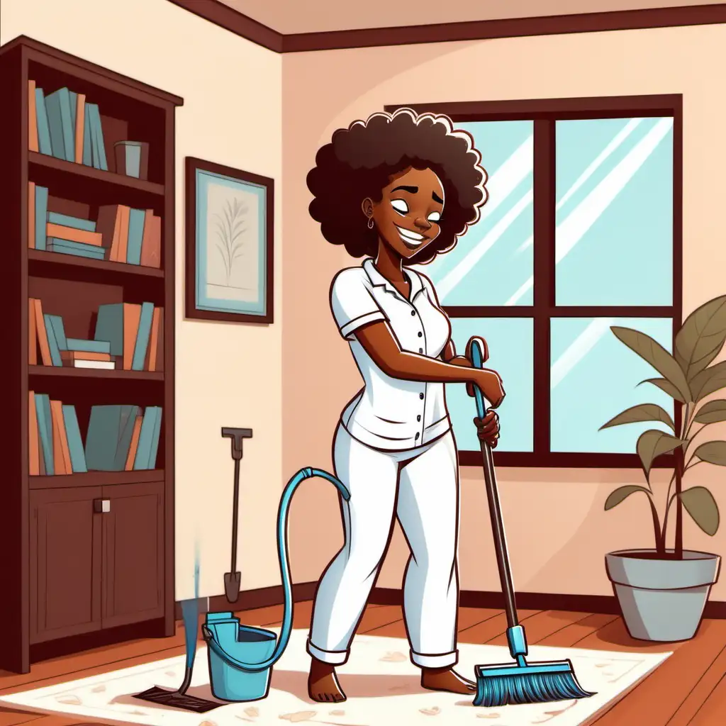 Happy African American Woman Cleaning Inside Her House in White Pajamas