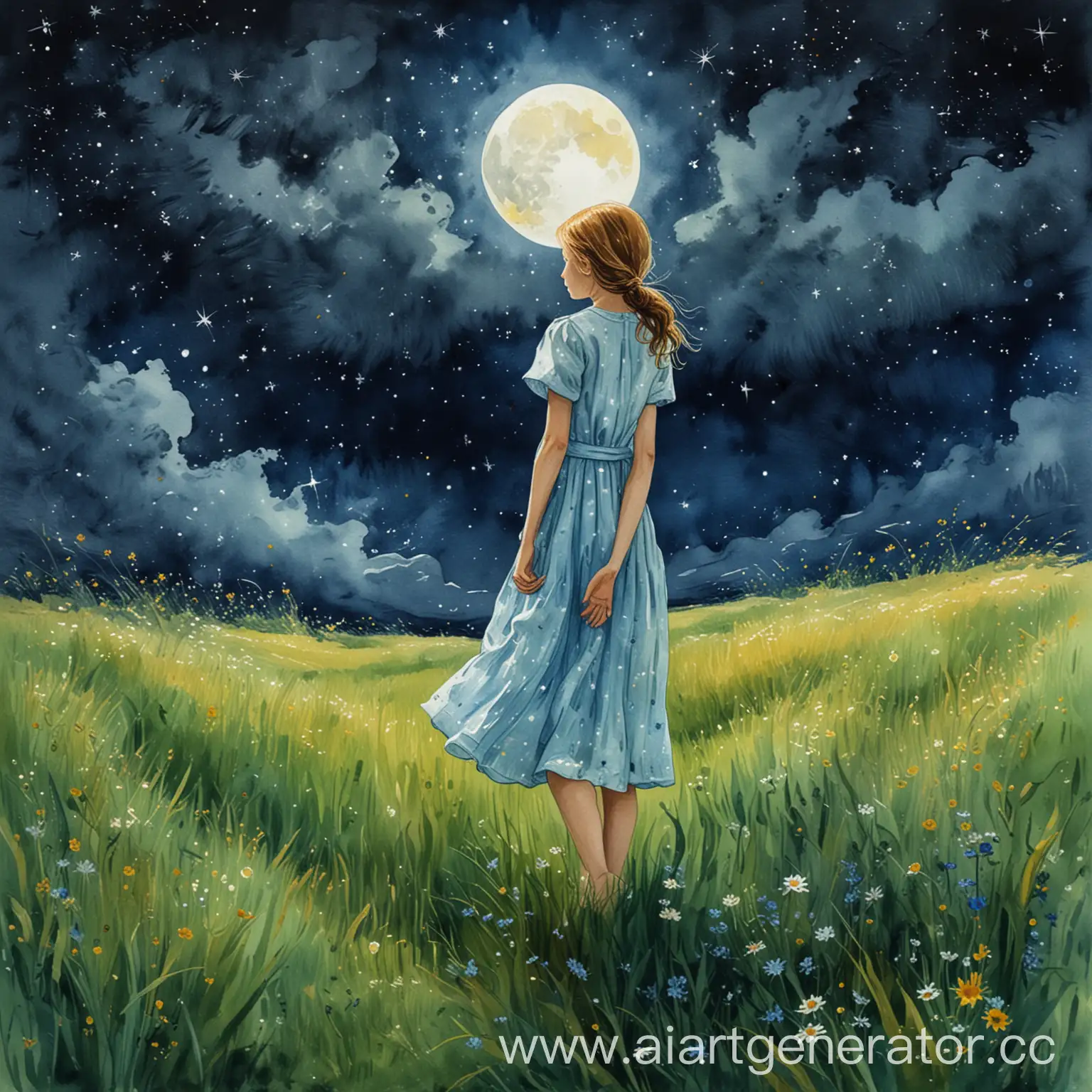 рисунок акварельными красками в в стиле художника Ван Гога. девочка в полный рост 12 лет в лёгком летнем платье стоит в траве и смотрит на ночное небо. в небе светит Луна и много звезд. 