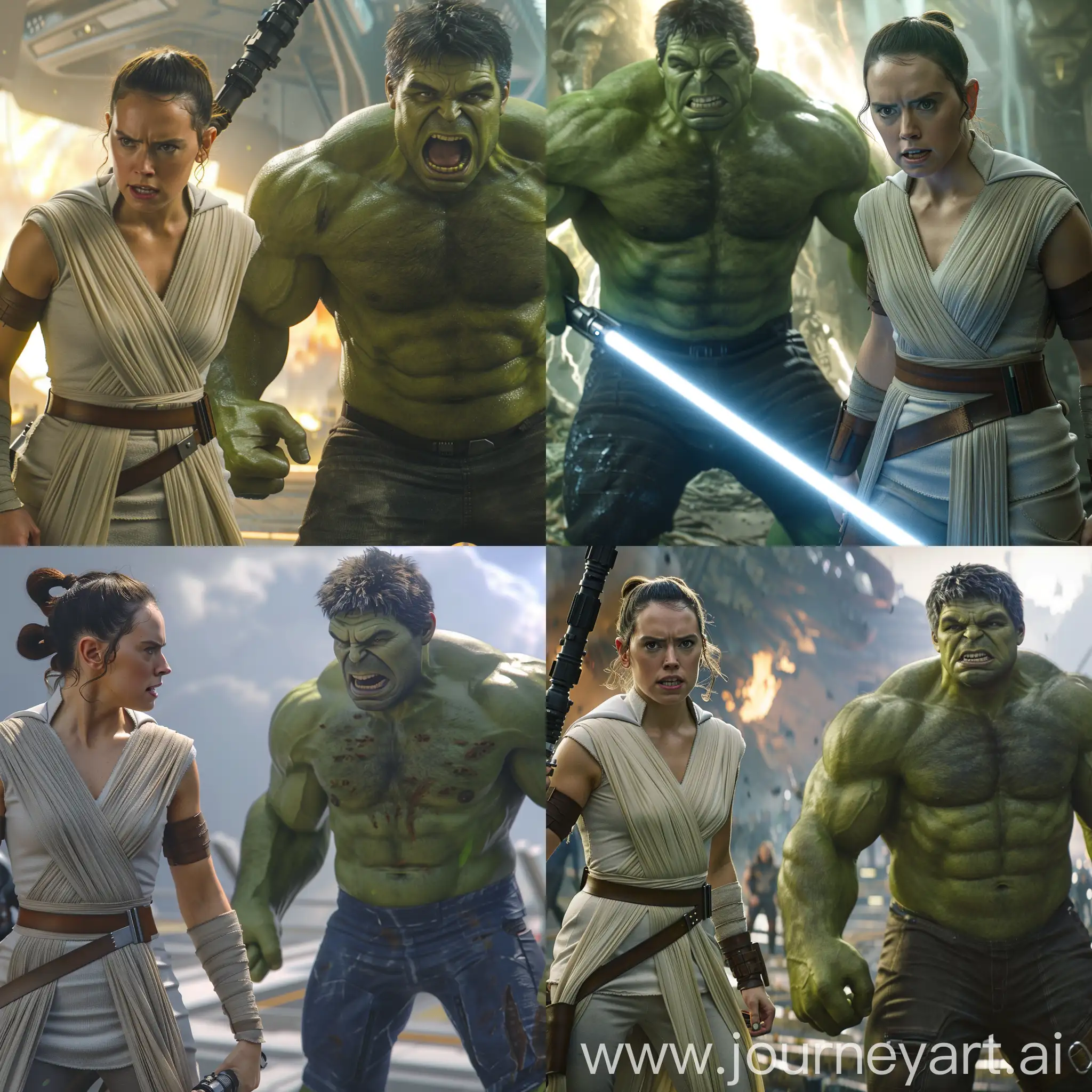 REY SKYWALKER and Hulk in New Movie of Marvel MCU , everybody Very Happy, 8k resolution,  cinematic image ,realistic 
