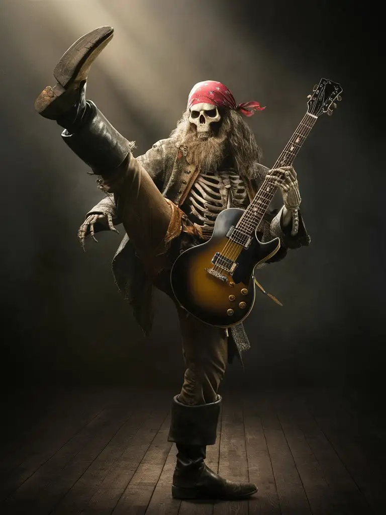 A bearded skeleton pirate holding an electric guitar in a full body portrait is doing high kung fu kick with his left boot high into the air. This is a full body photo realistic high resolution image with sharp clean subject focus