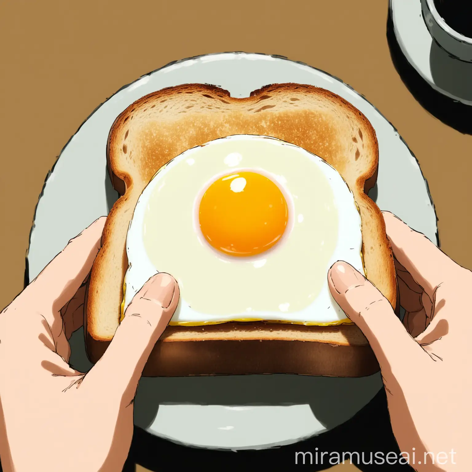  In the style of Ghibli studio, with low saturation, a pair of hands holds a thick slice of toast with a sunny-side-up egg on top.
