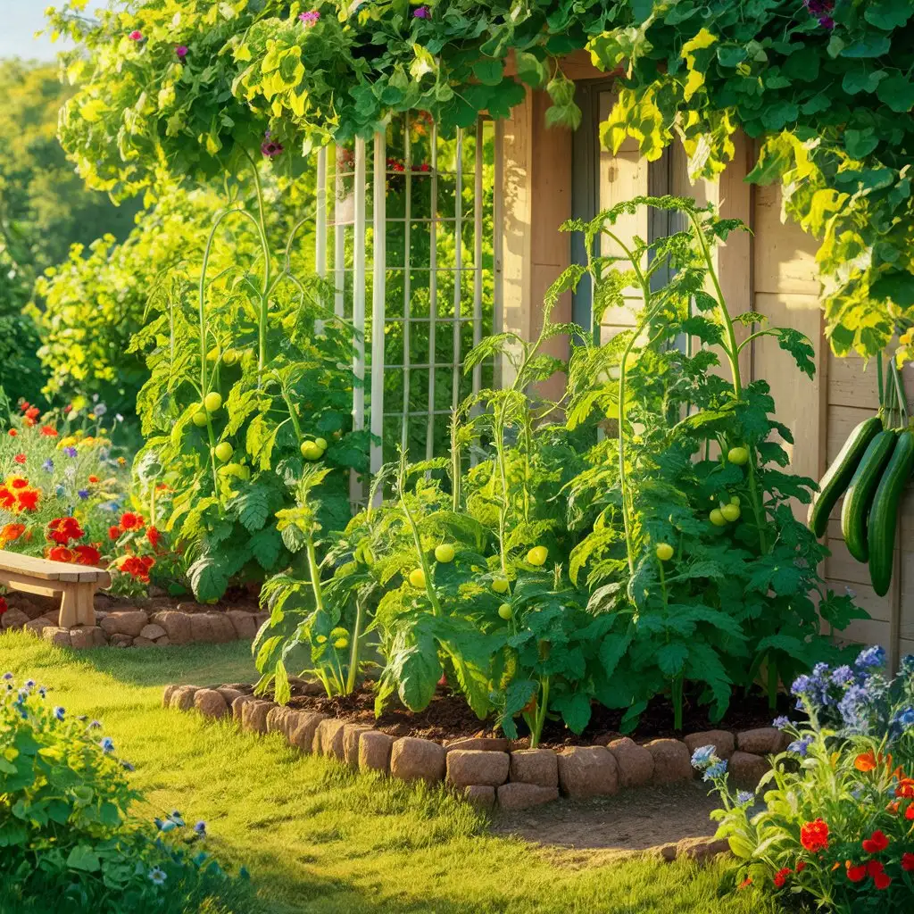 Lush Country Garden with Tomato and Cucumber Seedlings and Colorful Flowers