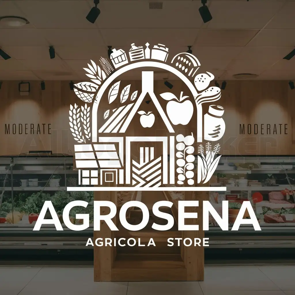 a logo design,with the text "AgroSena", main symbol:Farm,Apple,crops,dairy,meats,store,Moderate,be used in agricola industry,clear background