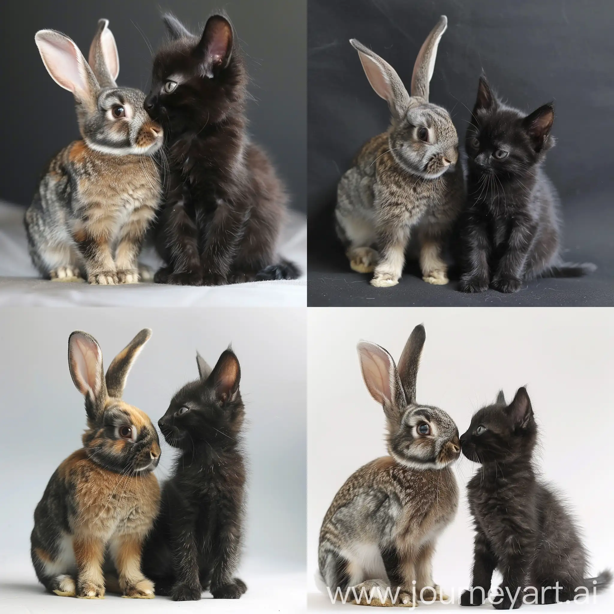 Bunny and black kitten sitting next to eachother. Both in love
