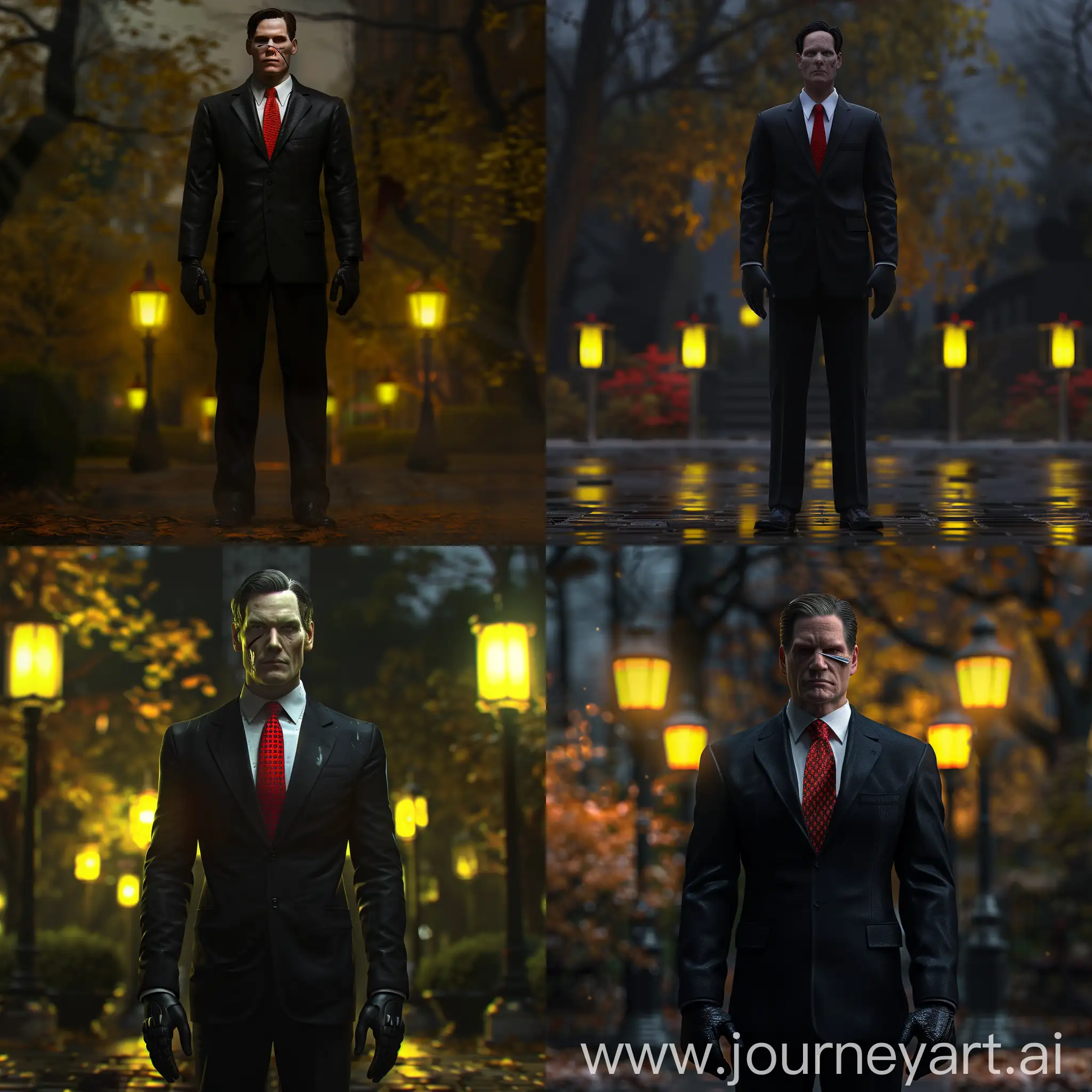 patrick Bateman стоит в черном костюме, красный галстук без узоров, 8к, супер детализация, гипер реализм, острый фокус, максимум деталей, задний фон ночной парк, желтый свет фонарей, профессиональное освещение, черные перчатки