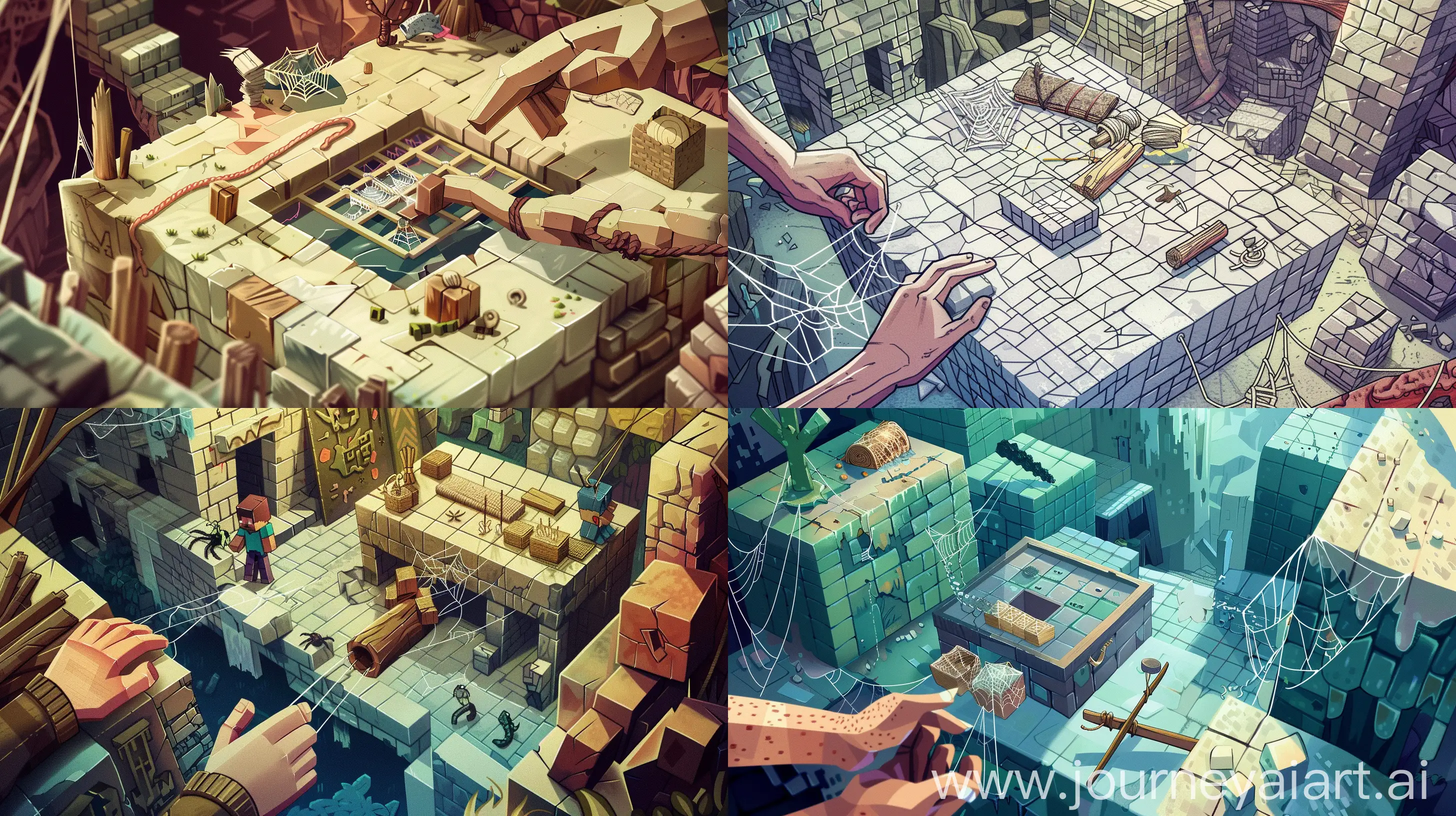 An intricate digital artwork portraying the step-by-step process of crafting a leash in a Minecraft-inspired setting. The illustration depicts a blocky, pixelated environment reminiscent of the game, with a crafting table as the focal point. In the foreground, a character's hands are shown gathering materials, including strings and sticks, representing the initial step of preparation. Next, the scene transitions to the character exploring caves, symbolizing the search for spider webs, a crucial component for crafting the leash. Finally, the crafting process unfolds at the table, where the character meticulously assembles the materials to create the leash. The illustration is rich in detail, capturing the essence of each step in the process without the need for text headings. --ar 16:9 