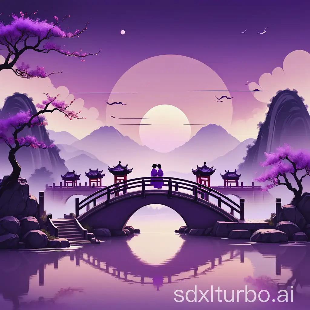 Generate a cozy logo, Chinese style, purple sky, romantic and warm, distant bridge has two figure meet