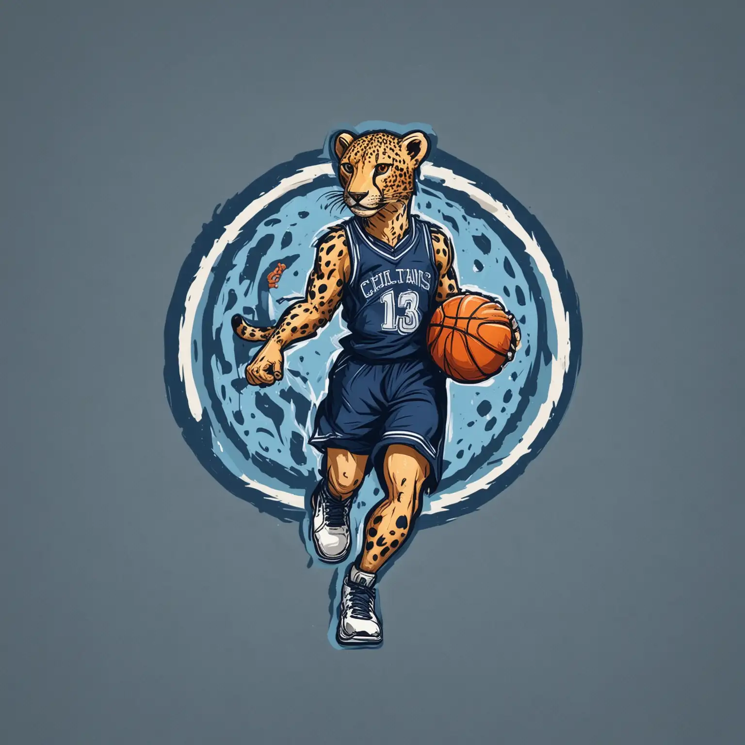 Dynamic Cheetah Basketball Player Logo in Navy Blue and White Uniform