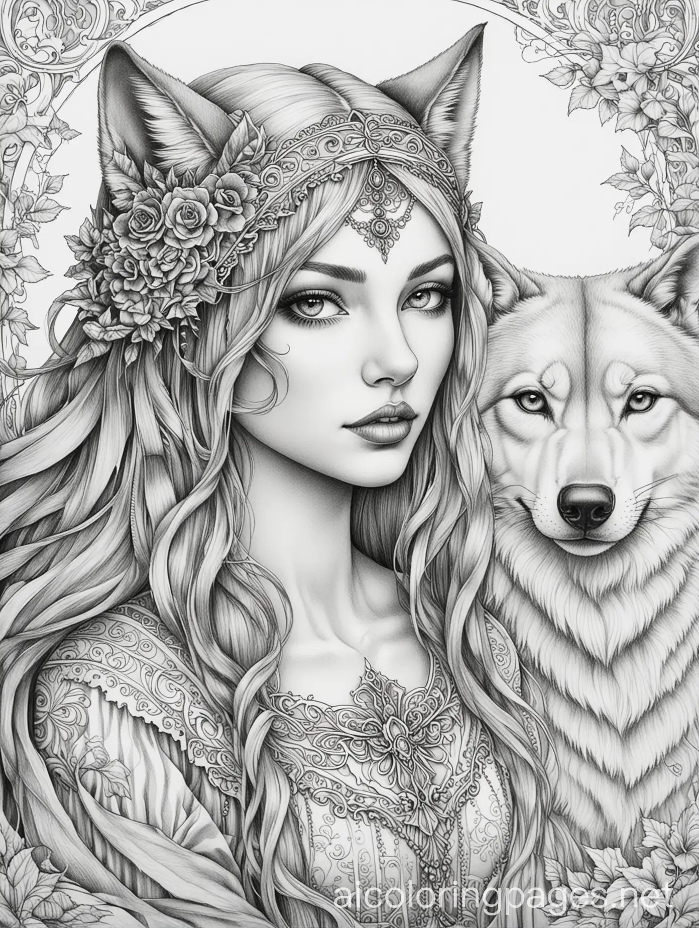 wolf and gothic lady adult colouring book
, Coloring Page, black and white, line art, white background, Simplicity, Ample White Space. The background of the coloring page is plain white to make it easy for young children to color within the lines. The outlines of all the subjects are easy to distinguish, making it simple for kids to color without too much difficulty