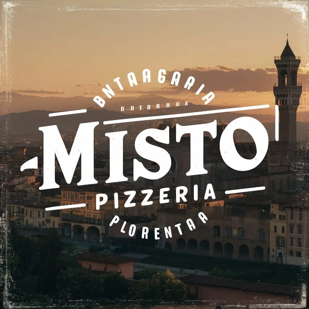 MISTO Pizzeria, Typography logo White font, Restaurant, Florence city in the background, Golden hour, Brand Identity, Pizzeria, Vintage Effect, 