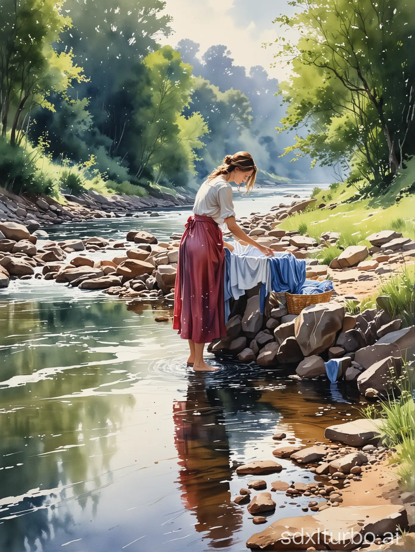 fluid Watercolour painting of a lady washing clothes in a river side, beautiful landscape, 