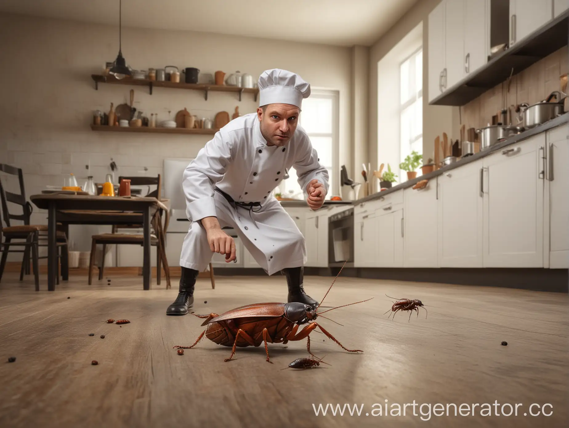 На фоне кухни борются Таракан большой человеческих размеров и шеф повар, фотореализм 