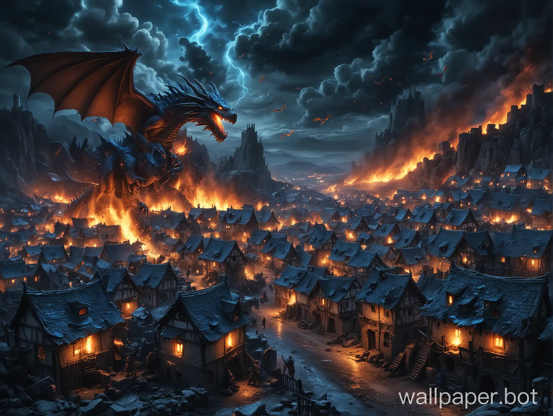 dragon destroys a village with blue fire at night