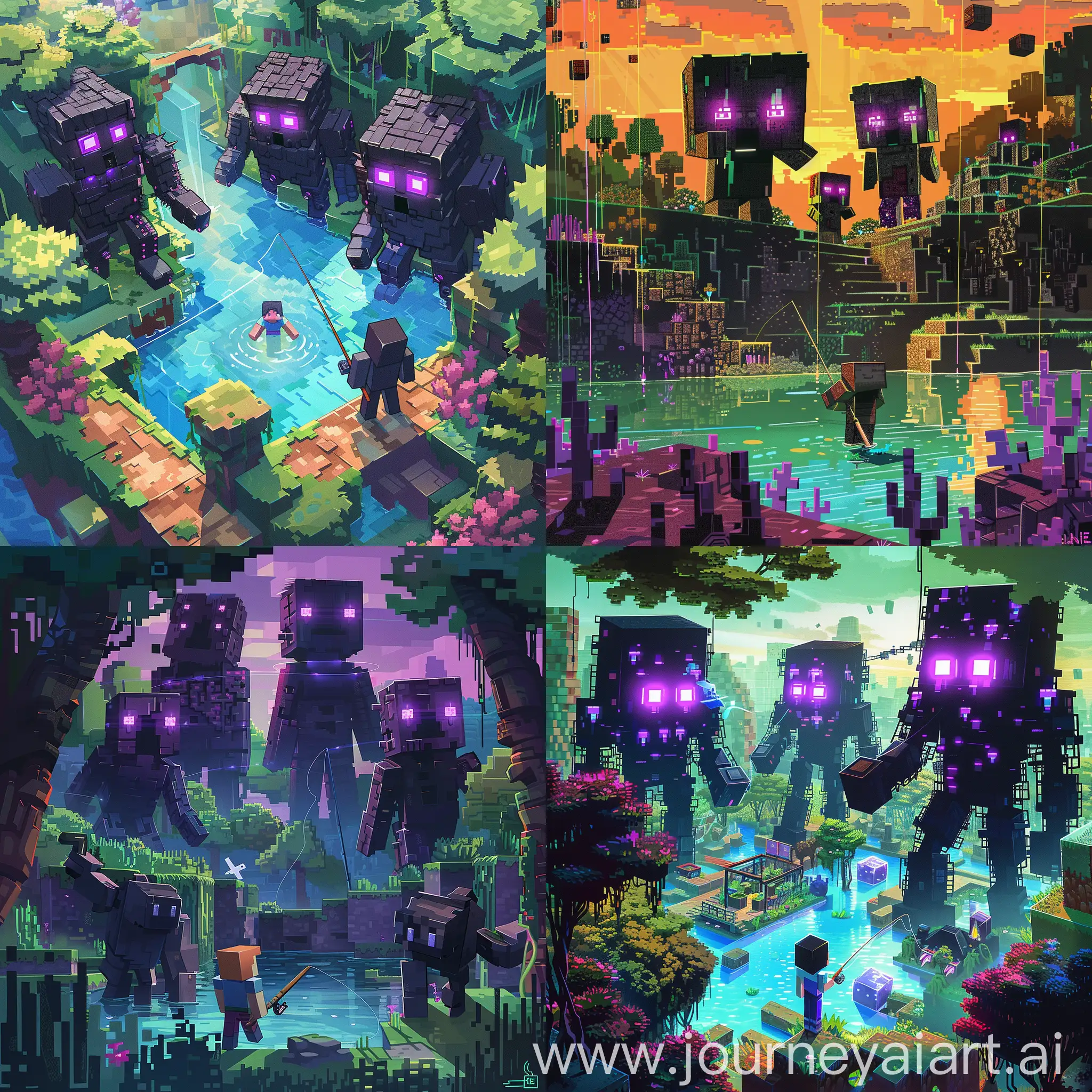 A vibrant digital illustration depicts a bustling scene within a Minecraft world, featuring three iconic elements: Endermen, a player character (commonly referred to as a noob or newbie), and a fishing rod. The Endermen, towering and dark, loom ominously in the background, their purple eyes glowing with an otherworldly light. The player character, depicted with simplistic yet endearing features, stands in the foreground, eagerly wielding a fishing rod with anticipation. The fishing rod, intricately detailed with its fishing line extending into a nearby body of water, adds a dynamic element to the composition. The environment showcases the blocky terrain and pixelated foliage characteristic of Minecraft, with vibrant colors and detailed textures bringing the scene to life. The illustration captures the essence of exploration and adventure inherent to the game, emphasizing the importance of these elements in the player's journey. 