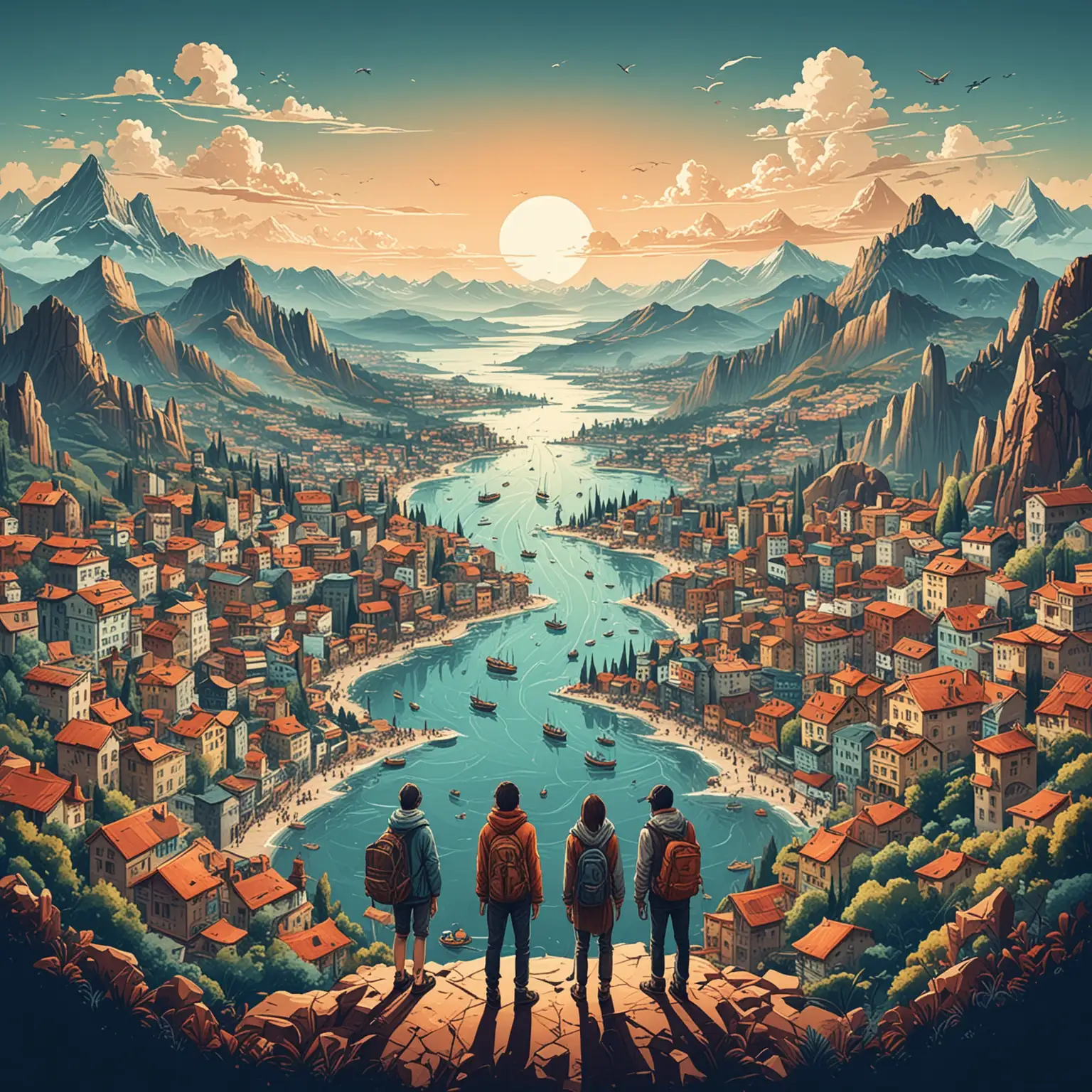 travellers on a background made of cities, sea, mountains illustration style