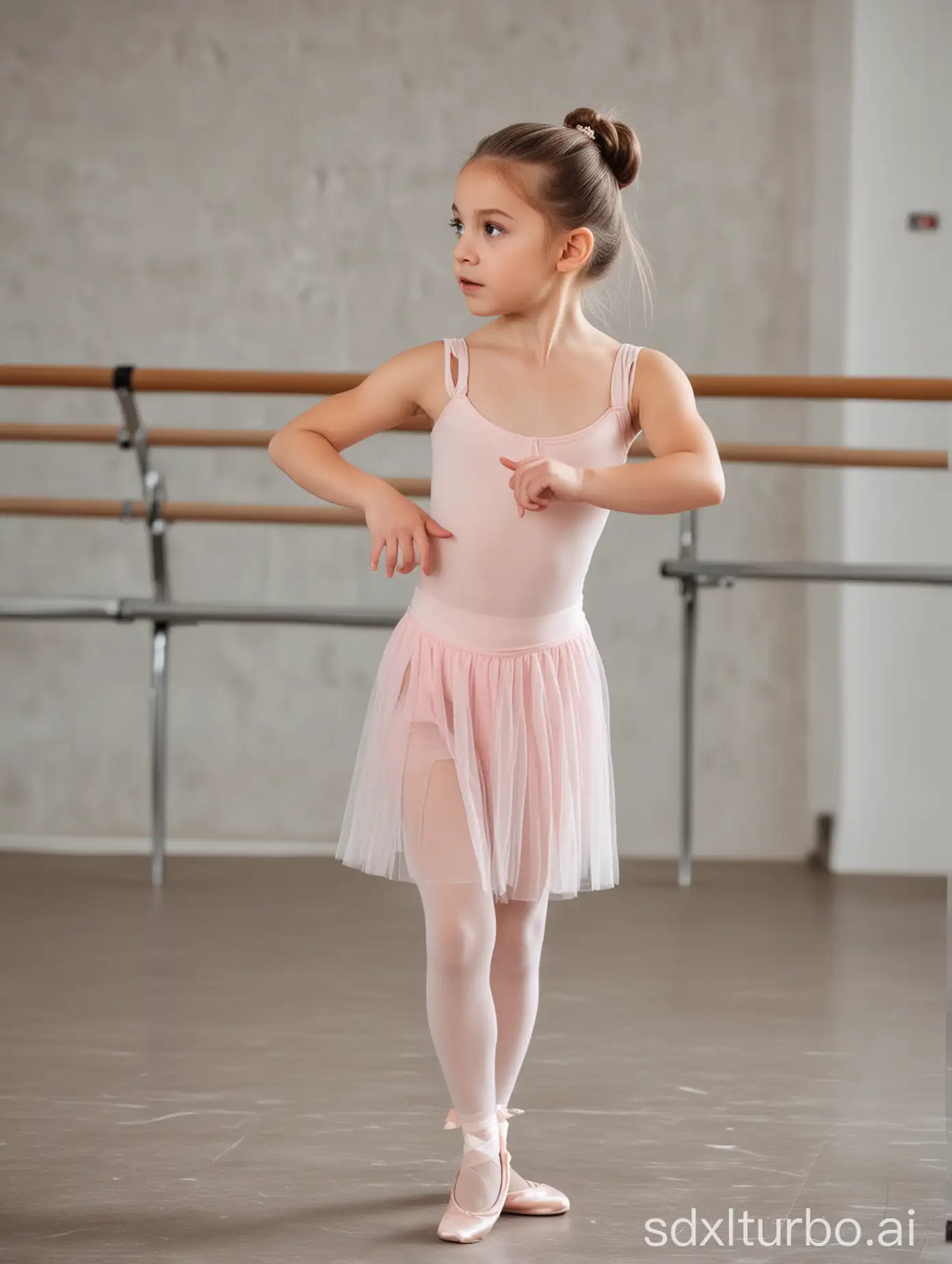 7 years old ballerina, long hair in pony tail, extremely muscular, topless, at ballet lesson
