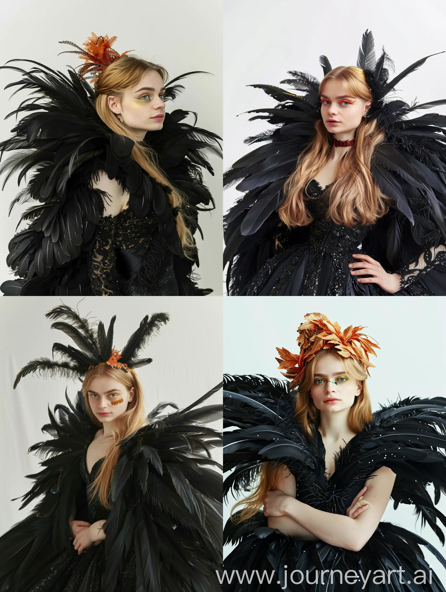 Girl with gold hair and bright make up dressed a black huge dress with black feathers.  white background