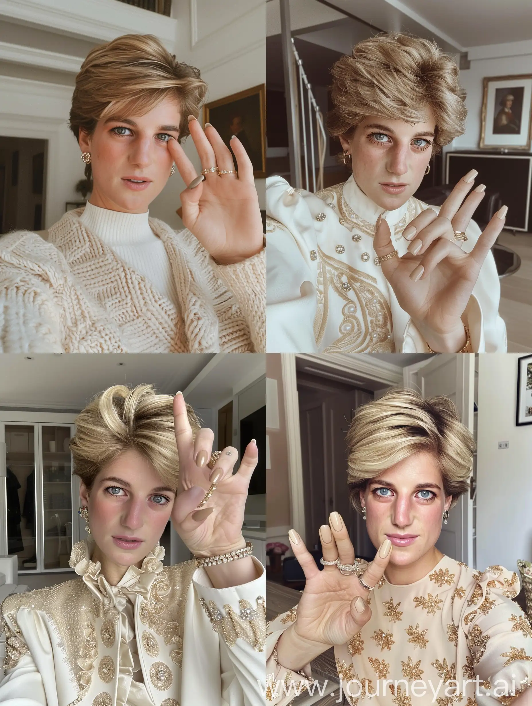 Aesthetic Instagram selfie of princess Diana wearing modern clothes, in a modern London flat, close up selfie, manicured, beige gel nail polish, one hand up, rings