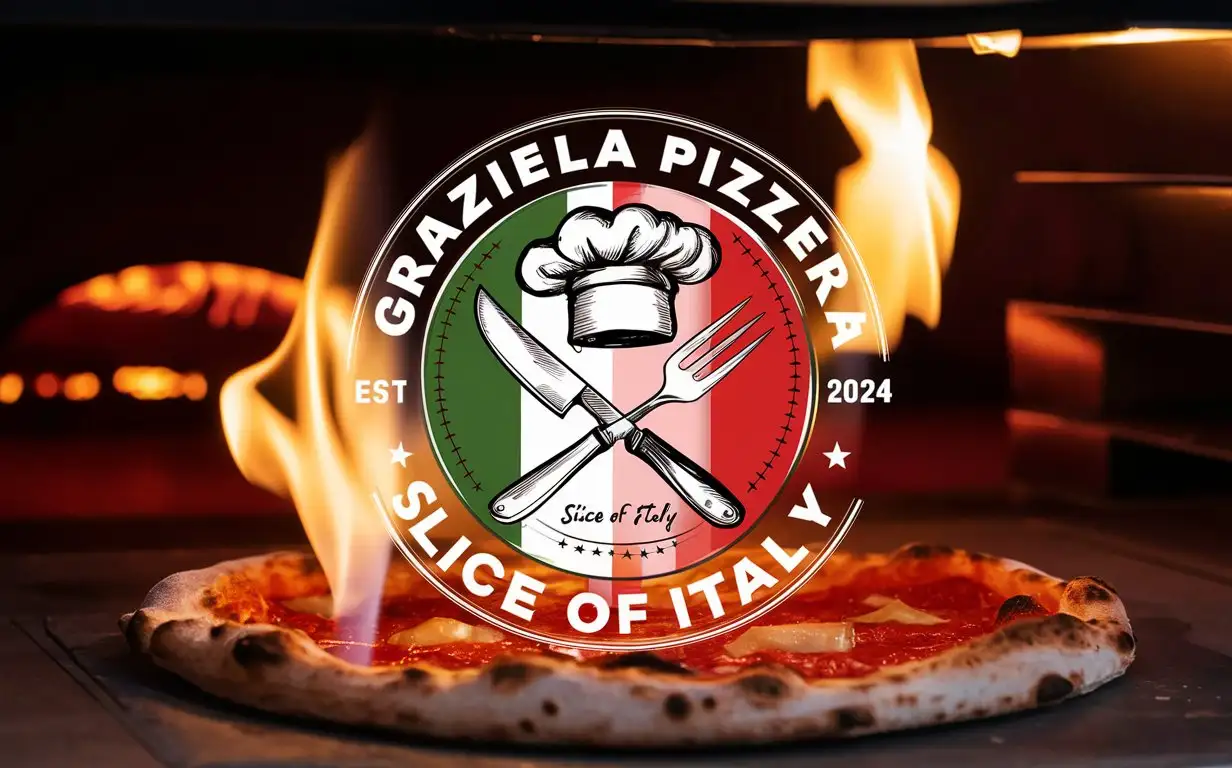 GRAZIELLA Pizzeria logo, Italian colors, Crossed knife and fork, Sketched Chef's Hat, Slogan, Slice of Italy, EST 2024, Oven Flames