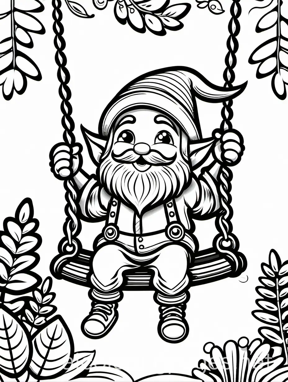 Playful-Gnome-Swinging-Coloring-Page-with-Ample-White-Space