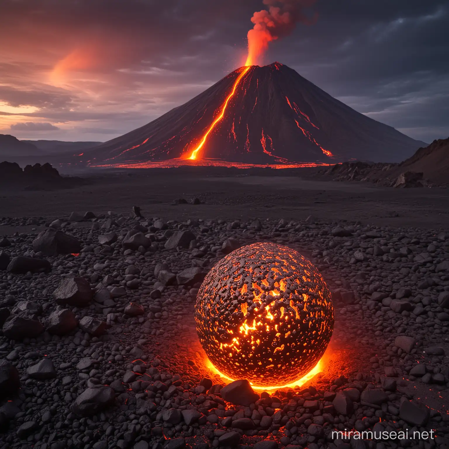 glowing steel ball, vulcano in the background with a lot of lava