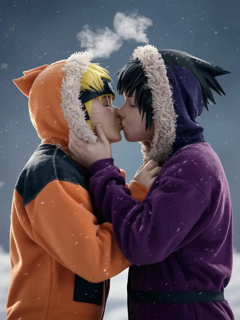 cute Naruto and Sasuke, fluffy-fur-trim-onesie, fluffy-fleece, kissing, photorealistic, cinematic