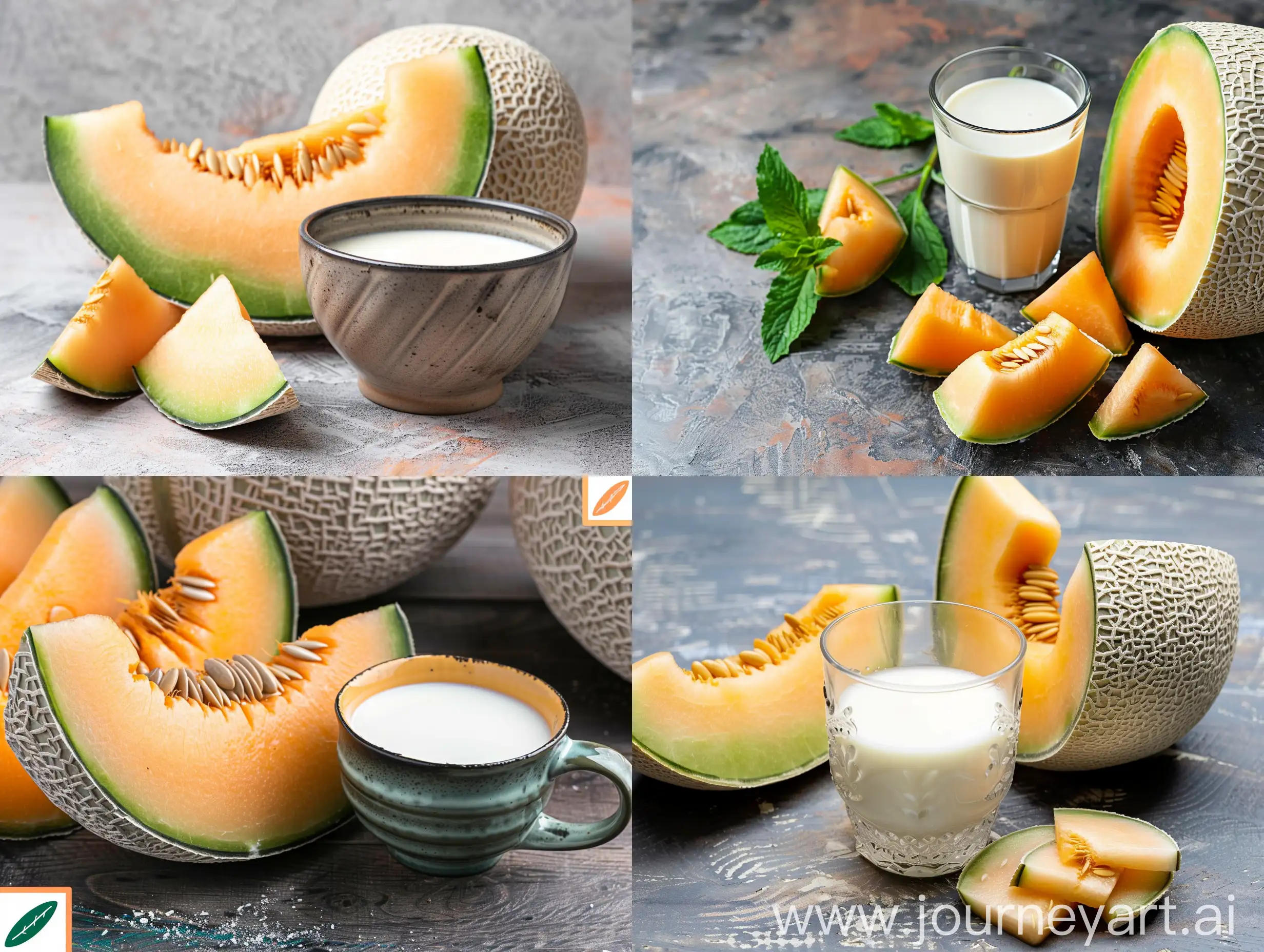 Attractive advertisement photo of cantaloupe with milk