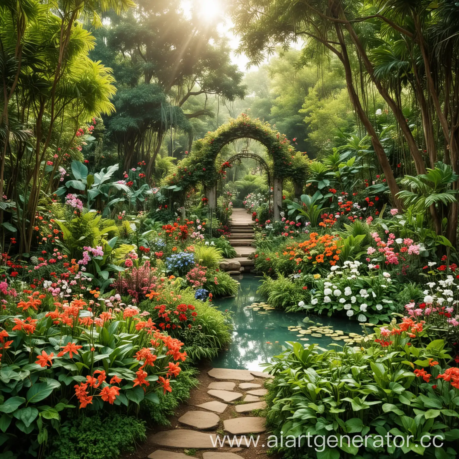 Serene-Paradise-Garden-with-Blooming-Flowers-and-Tranquil-Pond