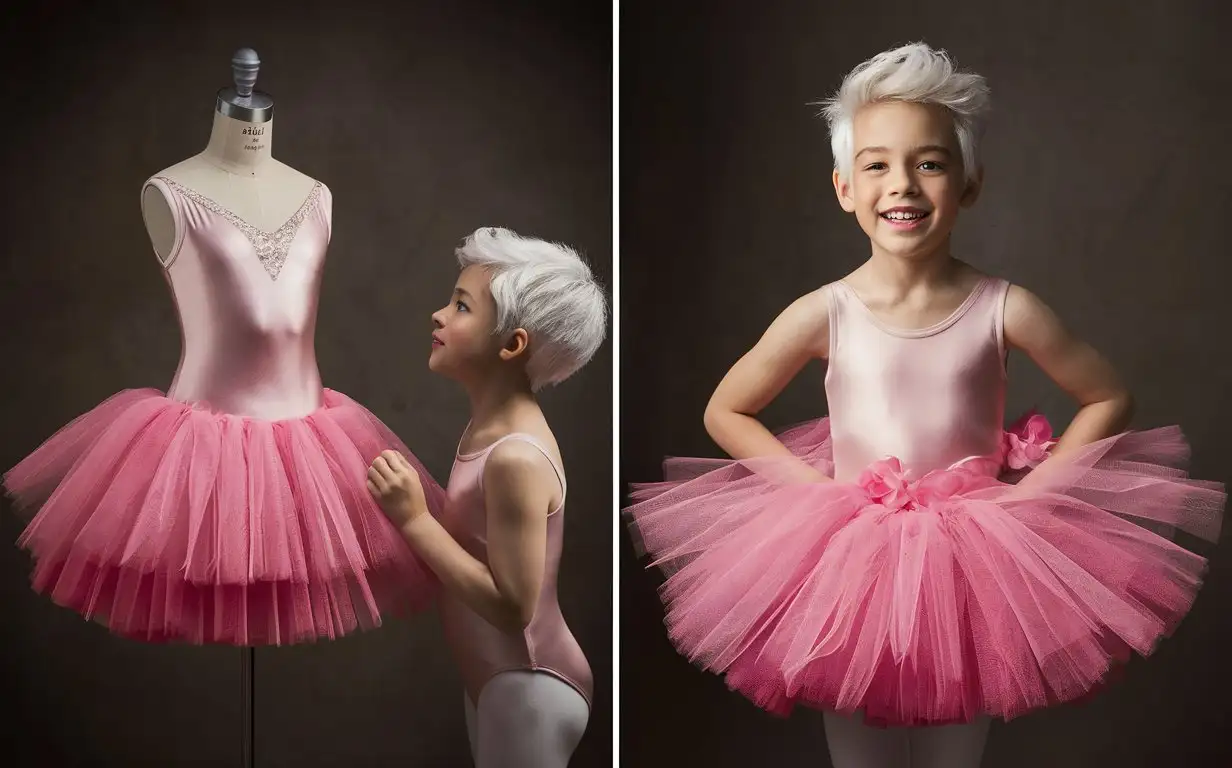 Side-by-side before-and-after photographs, A silky pink leotard and a 4-layer organdy pink tutu dress on a mannequin, a cute little 10-year-old white boy is looking longingly at it, later the boy has put the dress on