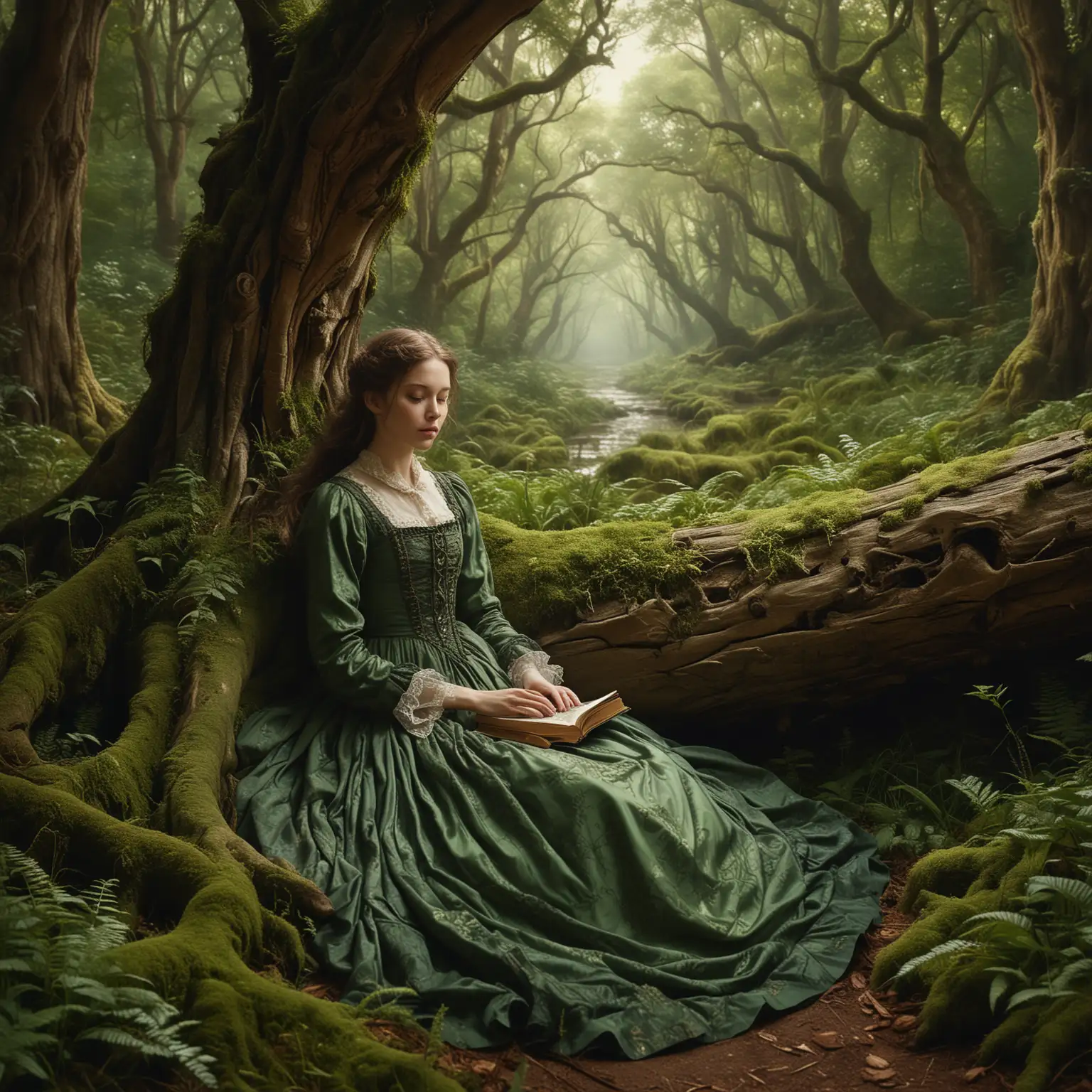 Imagine a beautiful, magical realistic photo of a scene in a mysterious but peaceful forest where the rich, green vegetation typical of the Victorian era creates a natural backdrop. At the centre of the painting sits a young, beautiful woman, dressed in a Victorian gown, resting on a moss covered with an old oak trunk. The open historic book on her lap symbolizes escaping into a world of dreams and fantasies where magic is a state of mind. Her presence blends harmoniously into her surroundings, creating an impression of unity with nature. The background, full of trees and forest vegetation, strengthens the atmosphere of peace and seclusion. This photo, full of peace and contemplation, emphasizes the elusive magic of moments of sunk in thoughts that inspire and transfer to another dimension, reflecting the magic of dreams and the depth of unattainable desires, while being in keeping with the spirit of the Victorian era.