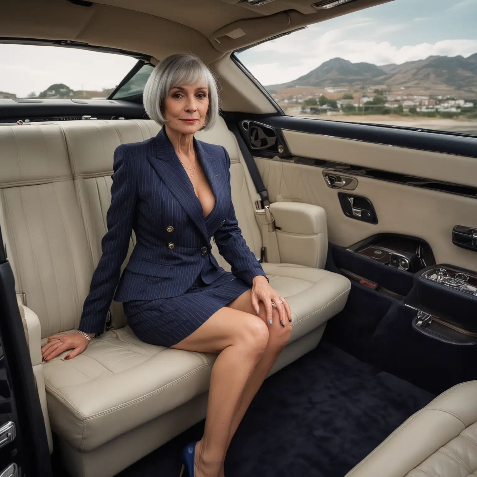 a full-body rear view of a beautiful slim 60-year-old woman with grey hair in a bob and big breasts wearing a skintight navy pinstripe suit and short skirt and louboutin stilettos sitting on the back seat of a rolls royce