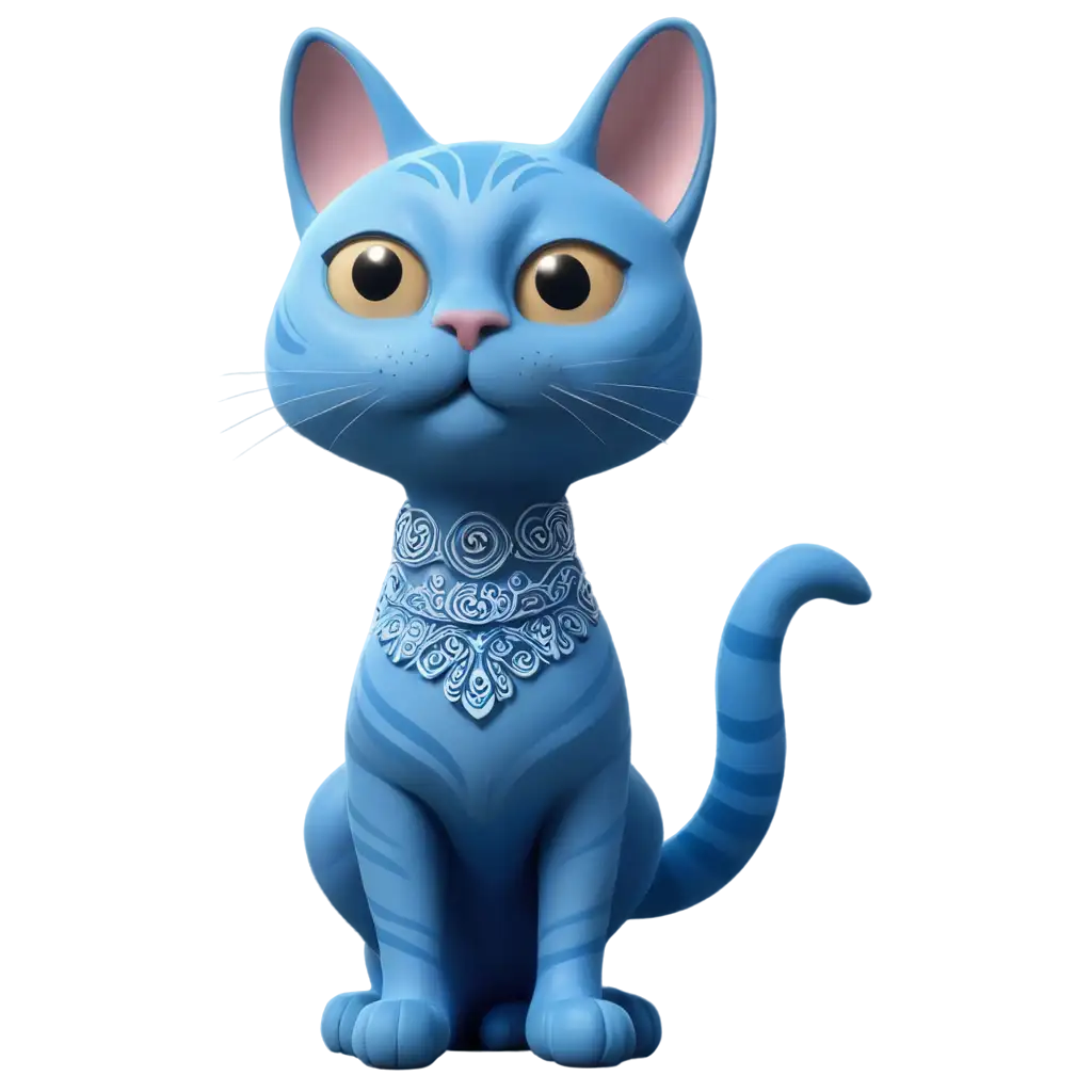 Seekor kucing berwarna biru dengan motif Kalimantan dalam bentuk cute 3D