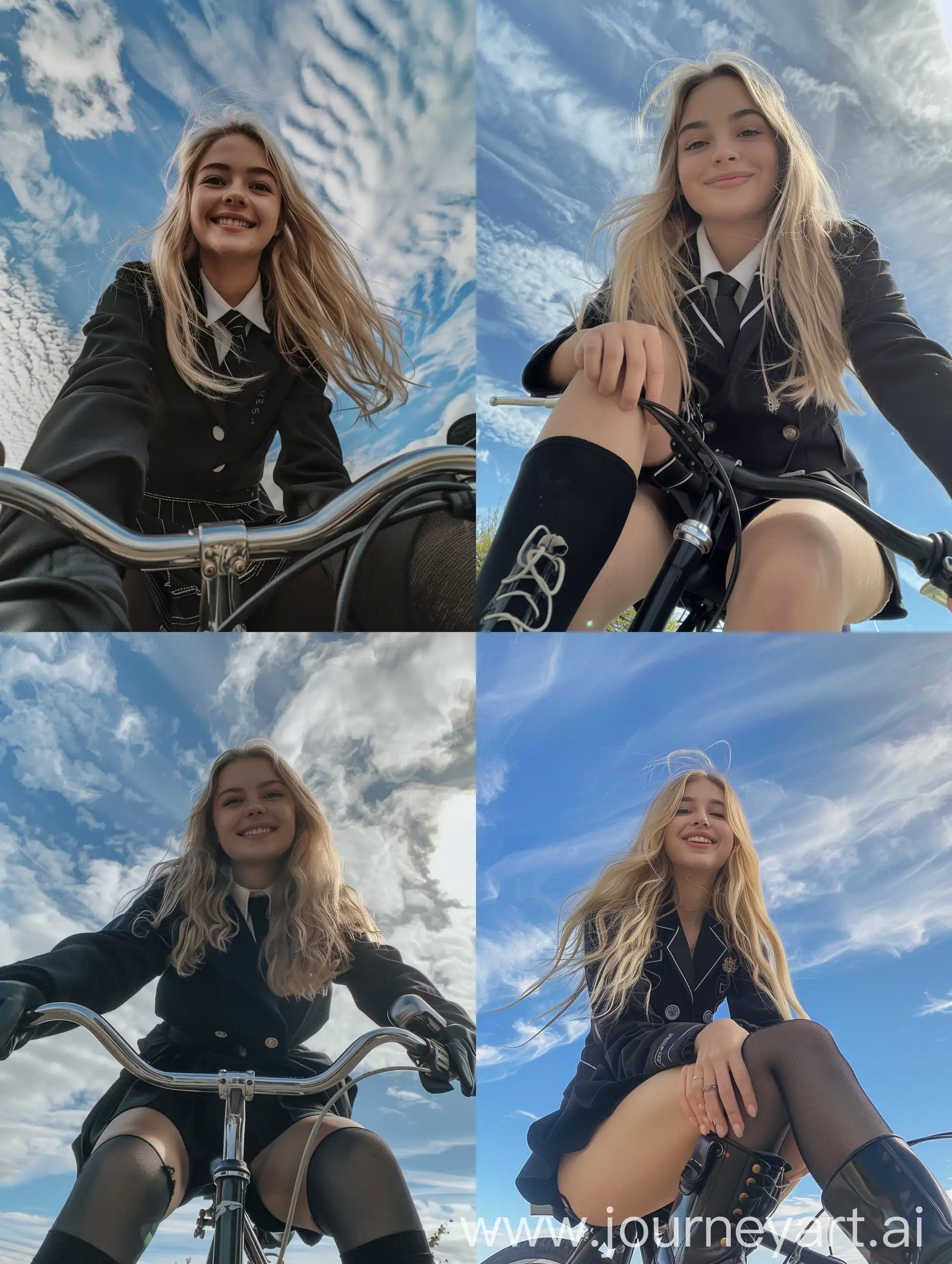 a girl, 22 years old, blonde hair, black school uniform, black boots, smiling, fat legs, , sitting on a bicycle, no effects, selfie , iphone selfie, no filters, natural , iphone photo natural, camera down angle, sky view, down view