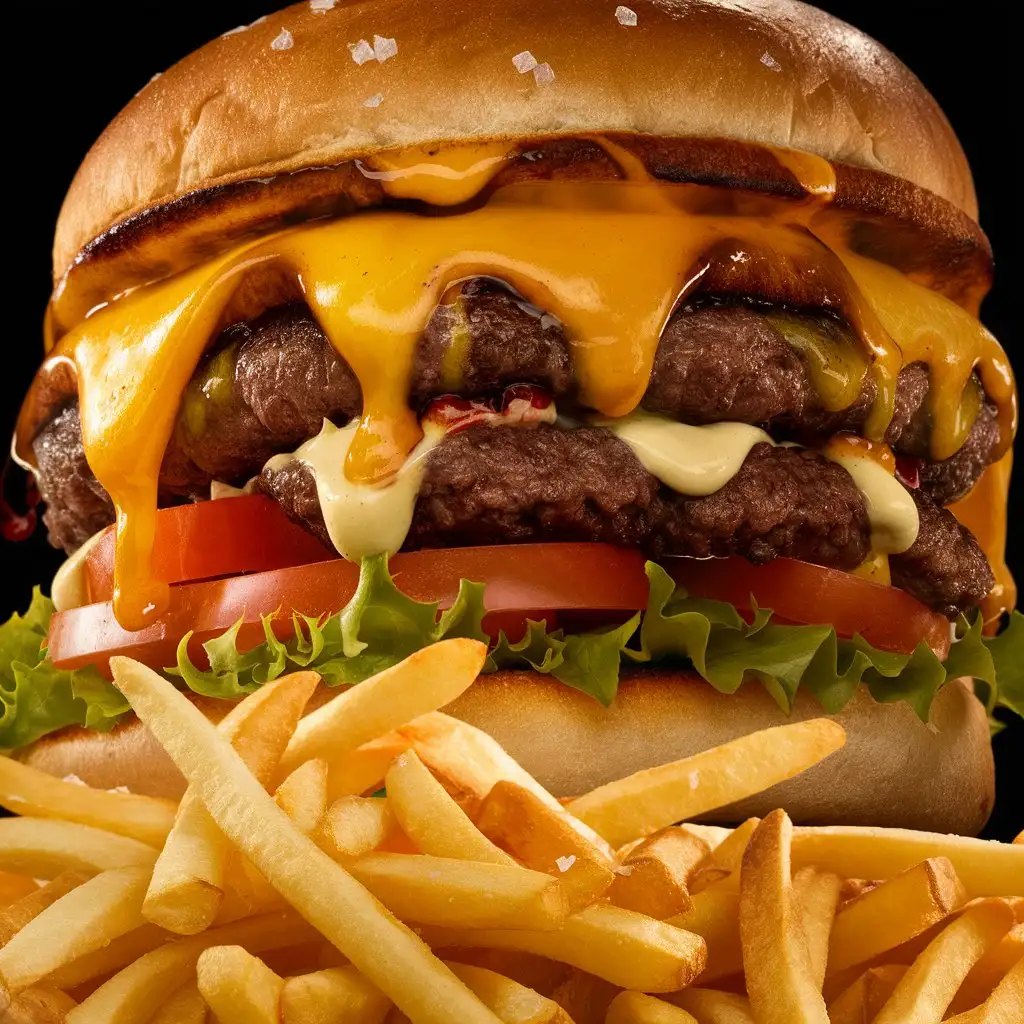 A photorealistic image of a burger with melted cheese and crispy fries.